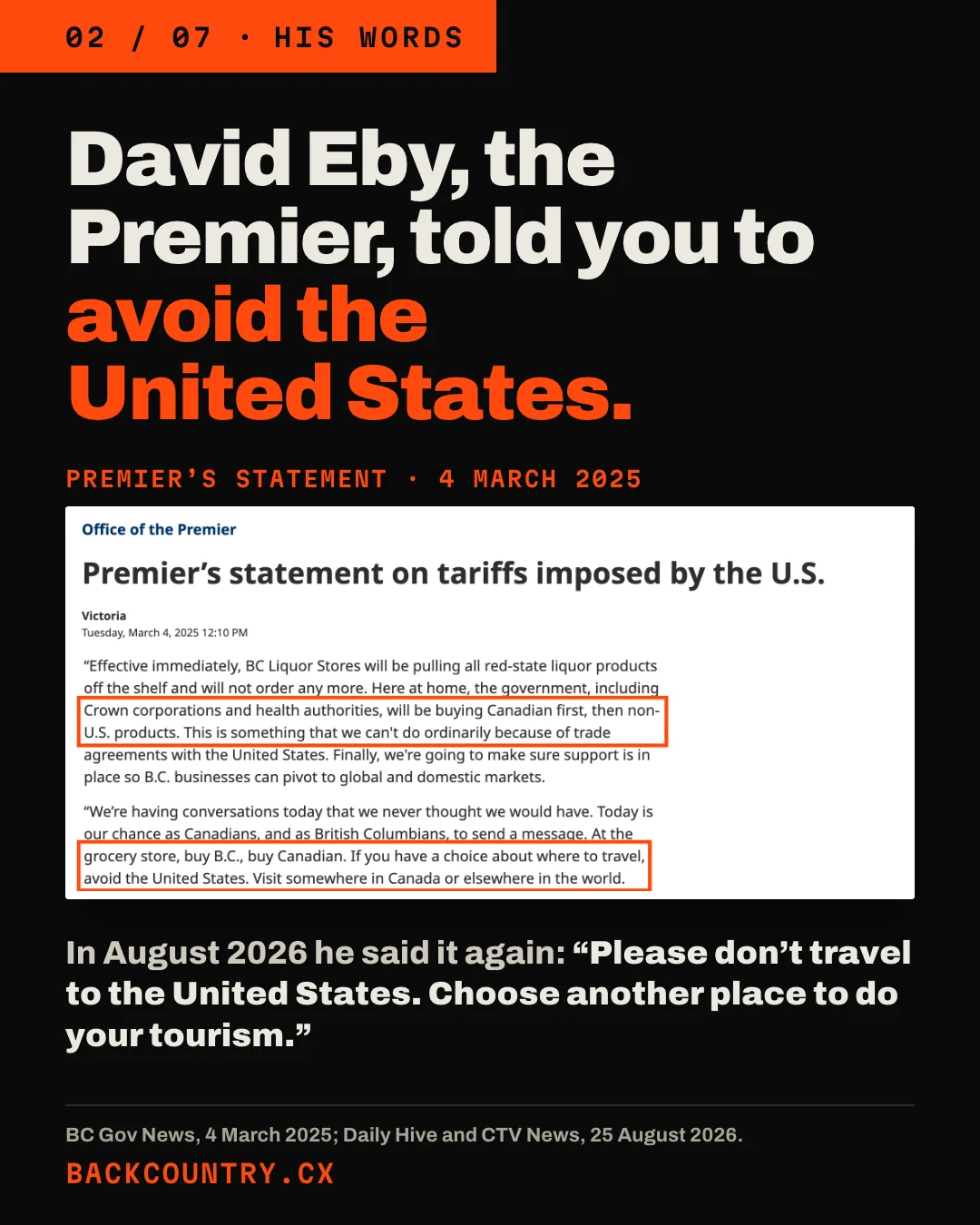 Slide 2 of 7. Headline: David Eby, the Premier, told you to avoid the United States. A clip of the Premier's statement of 4 March 2025 on BC Gov News, with two passages boxed: the government will be buying Canadian first, then non-U.S. products; and: If you have a choice about where to travel, avoid the United States. Below: In August 2026 he said it again: Please don't travel to the United States. Choose another place to do your tourism.