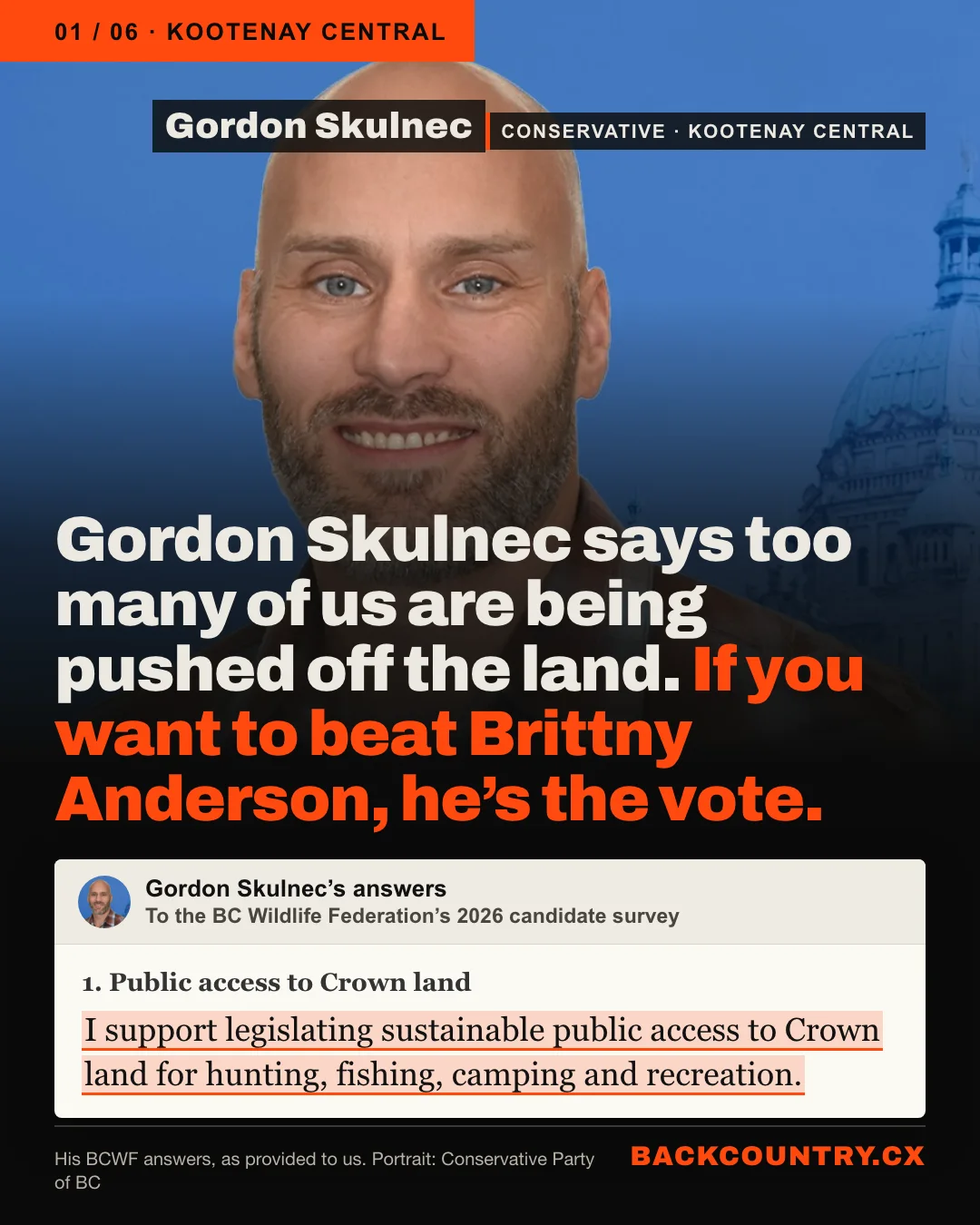 Slide 1 of 6. A large portrait of Gordon Skulnec, Conservative candidate in Kootenay Central. The headline: Gordon Skulnec says too many of us are being pushed off the land. If you want to beat Brittny Anderson, he's the vote. Below, from his answers to the BC Wildlife Federation's 2026 candidate survey, on public access to Crown land: I support legislating sustainable public access to Crown land for hunting, fishing, camping and recreation.