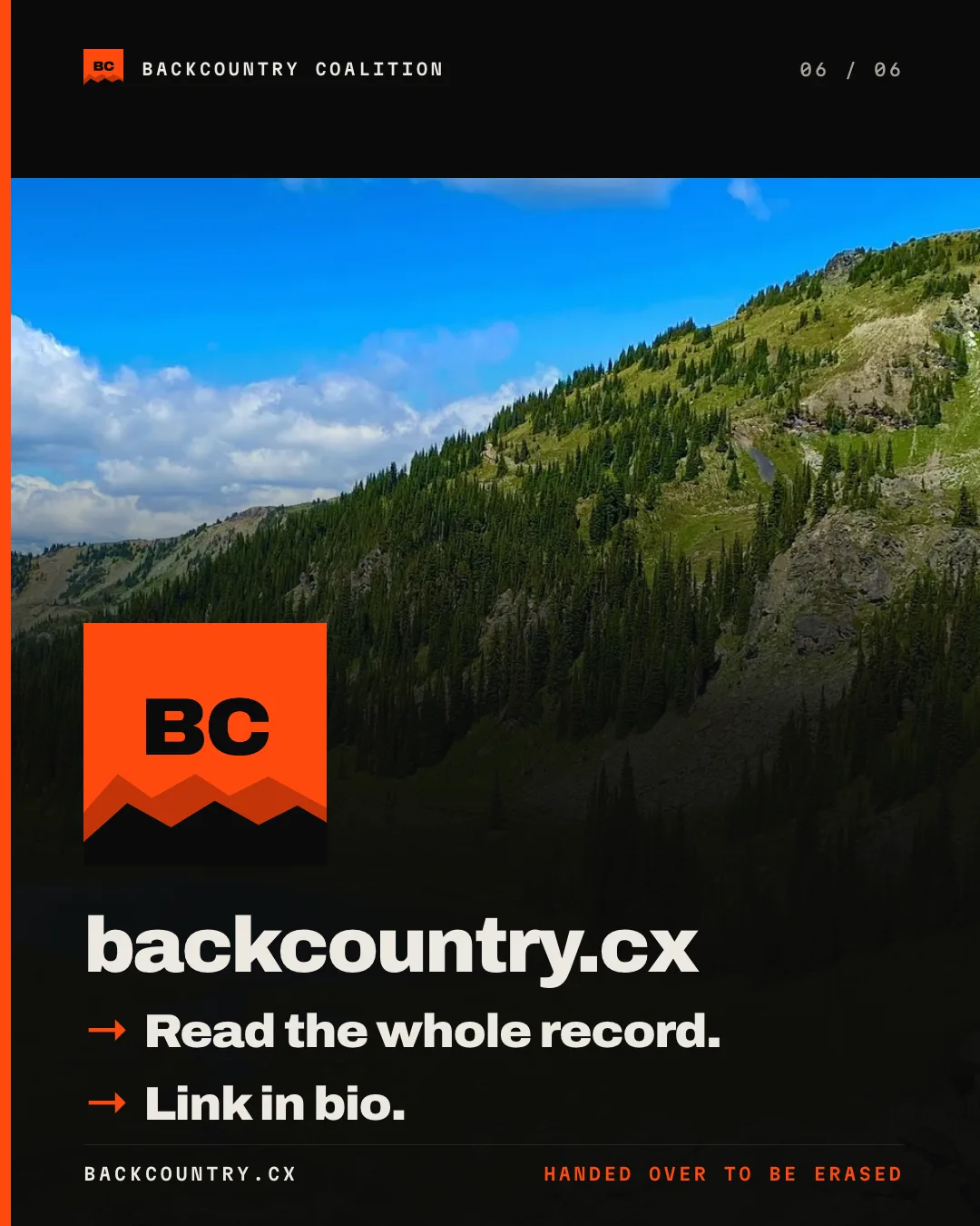 Slide 6 of 6. The road climbing to the alpine with the Backcountry Coalition mark. Read the whole record. Link in bio.