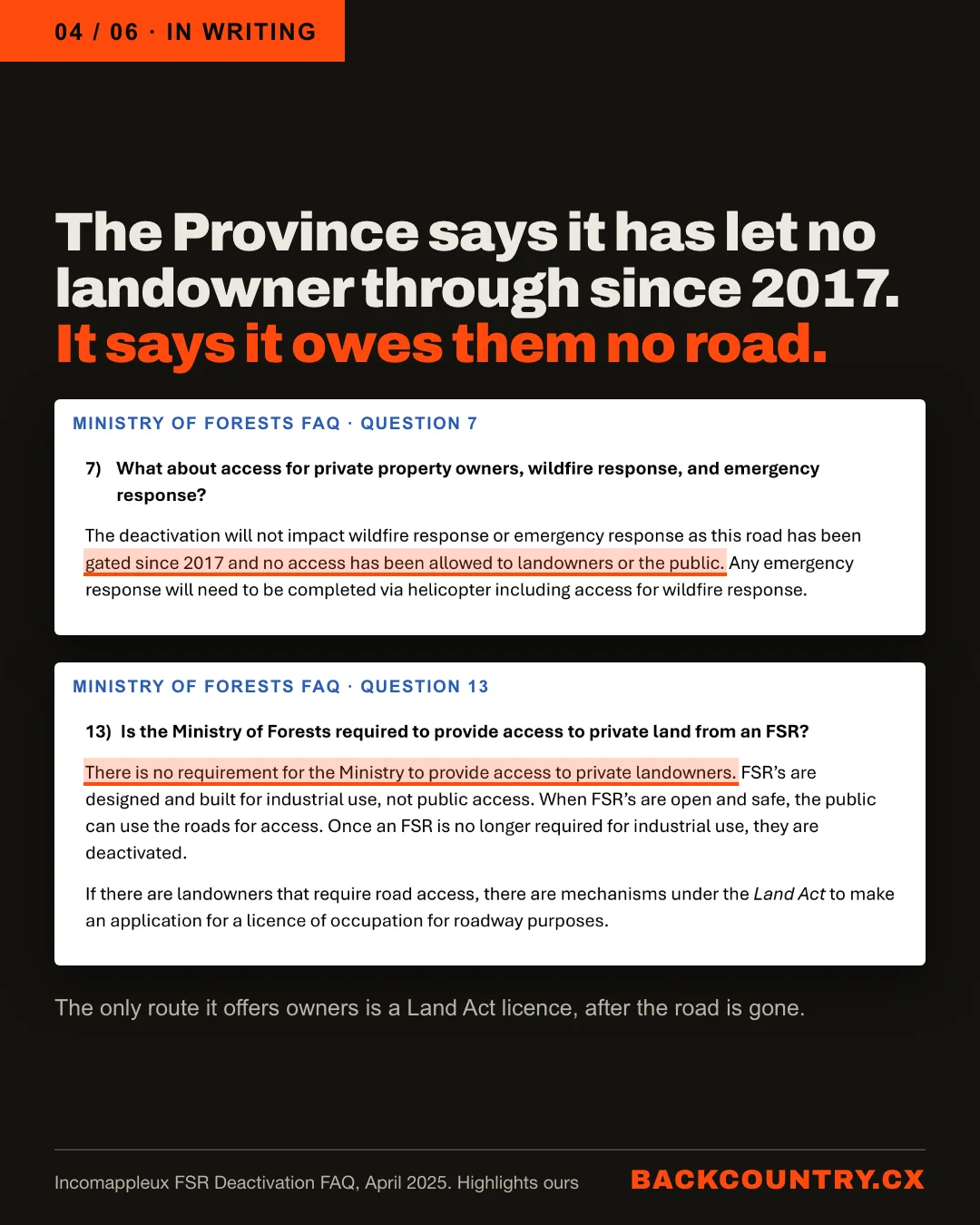 Slide 4 of 6, in writing. Headline: The Province says it has let no landowner through since 2017. It says it owes them no road. Two pages of the Ministry of Forests FAQ, highlighted: gated since 2017 and no access has been allowed to landowners or the public; there is no requirement for the Ministry to provide access to private landowners.