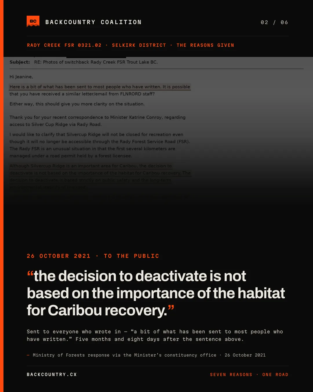 Slide 2 of 6, kicker FIVE MONTHS LATER, TO THE PUBLIC. The Ministry of Forests response of 26 October 2021 on Rady Creek, quoted at full size: the decision to deactivate is not based on the importance of the habitat for Caribou recovery. The claim reads: circulated to everyone who wrote in, as a bit of what has been sent to most people who have written. Two positions, one office, five months apart.