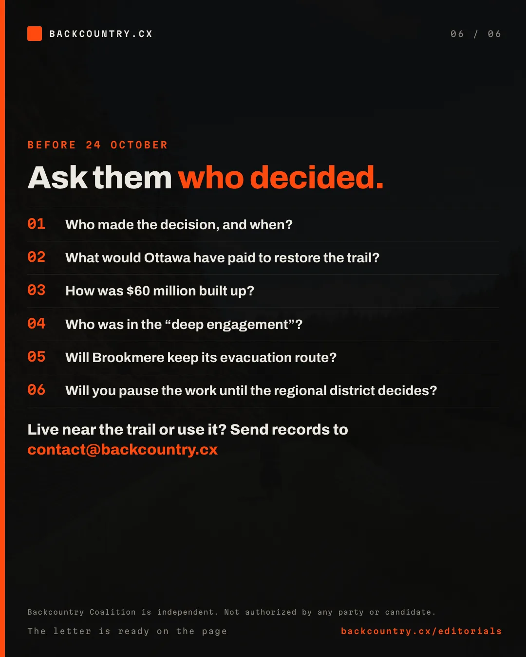 Slide 6 of 6. Six questions for the minister and the candidates before 24 October, and an invitation to send records to contact at backcountry dot cx.