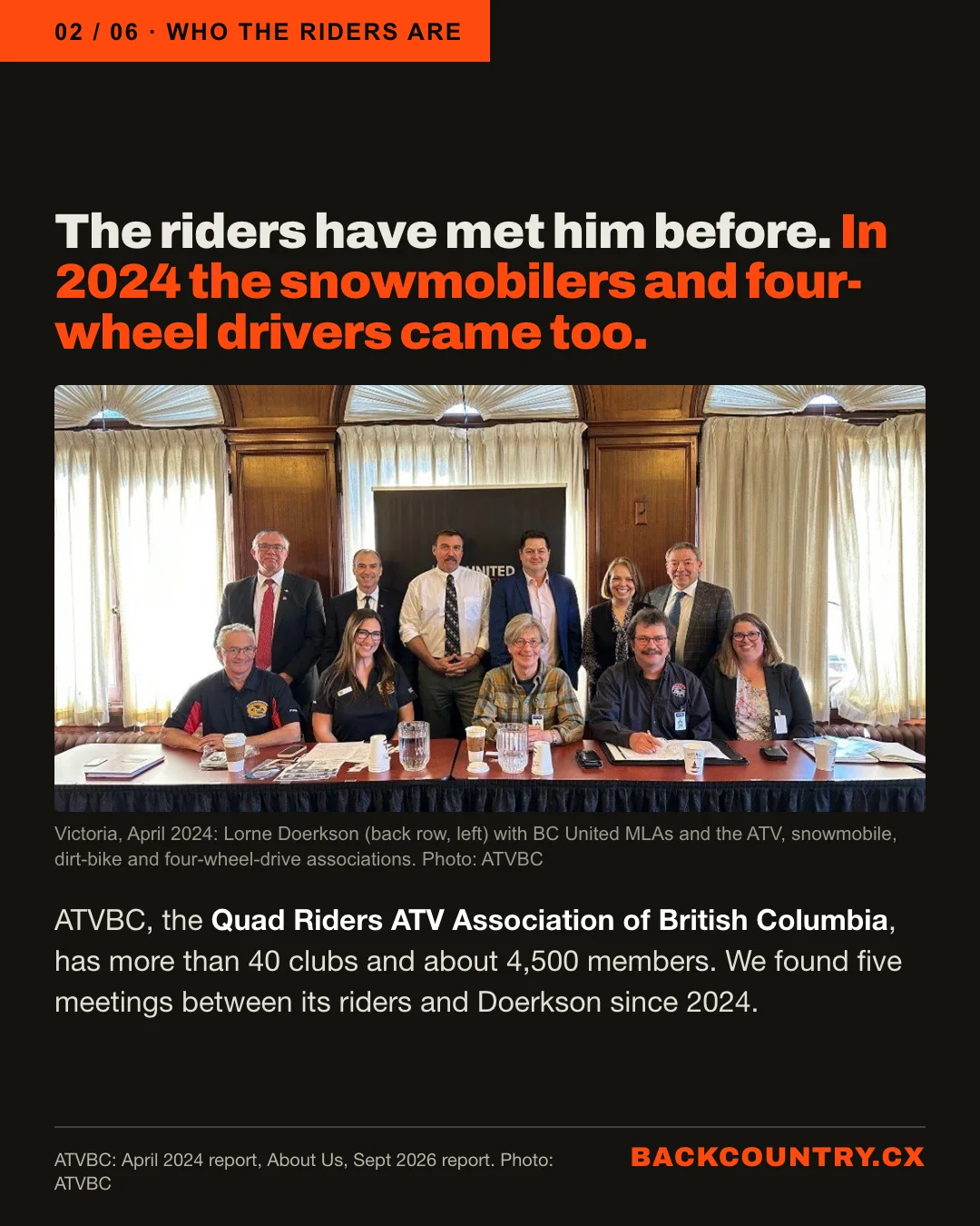 Slide 2 of 6. The riders have met him before; in 2024 the snowmobilers and four-wheel drivers came too. A photograph from Victoria, April 2024: Lorne Doerkson, back row at left, with BC United MLAs and representatives of the ATV, snowmobile, dirt-bike and four-wheel-drive associations. Photo: ATVBC. ATVBC, the Quad Riders ATV Association of British Columbia, has more than 40 clubs and about 4,500 members. We found five meetings between its riders and Doerkson since 2024.