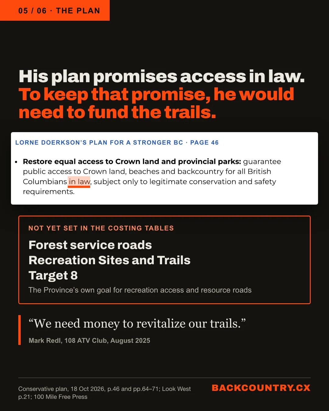 Slide 5 of 6. The plan. His plan promises access in law. To keep that promise, he would need to fund the trails. An excerpt of page 46 of Lorne Doerkson's Plan for a Stronger BC, with the words in law highlighted: Restore equal access to Crown land and provincial parks: guarantee public access to Crown land, beaches and backcountry for all British Columbians in law, subject only to legitimate conservation and safety requirements. Below, not yet set in the costing tables: forest service roads; Recreation Sites and Trails; Target 8, the Province's own goal for recreation access and resource roads. Mark Redl of the 108 ATV Club: We need money to revitalize our trails.