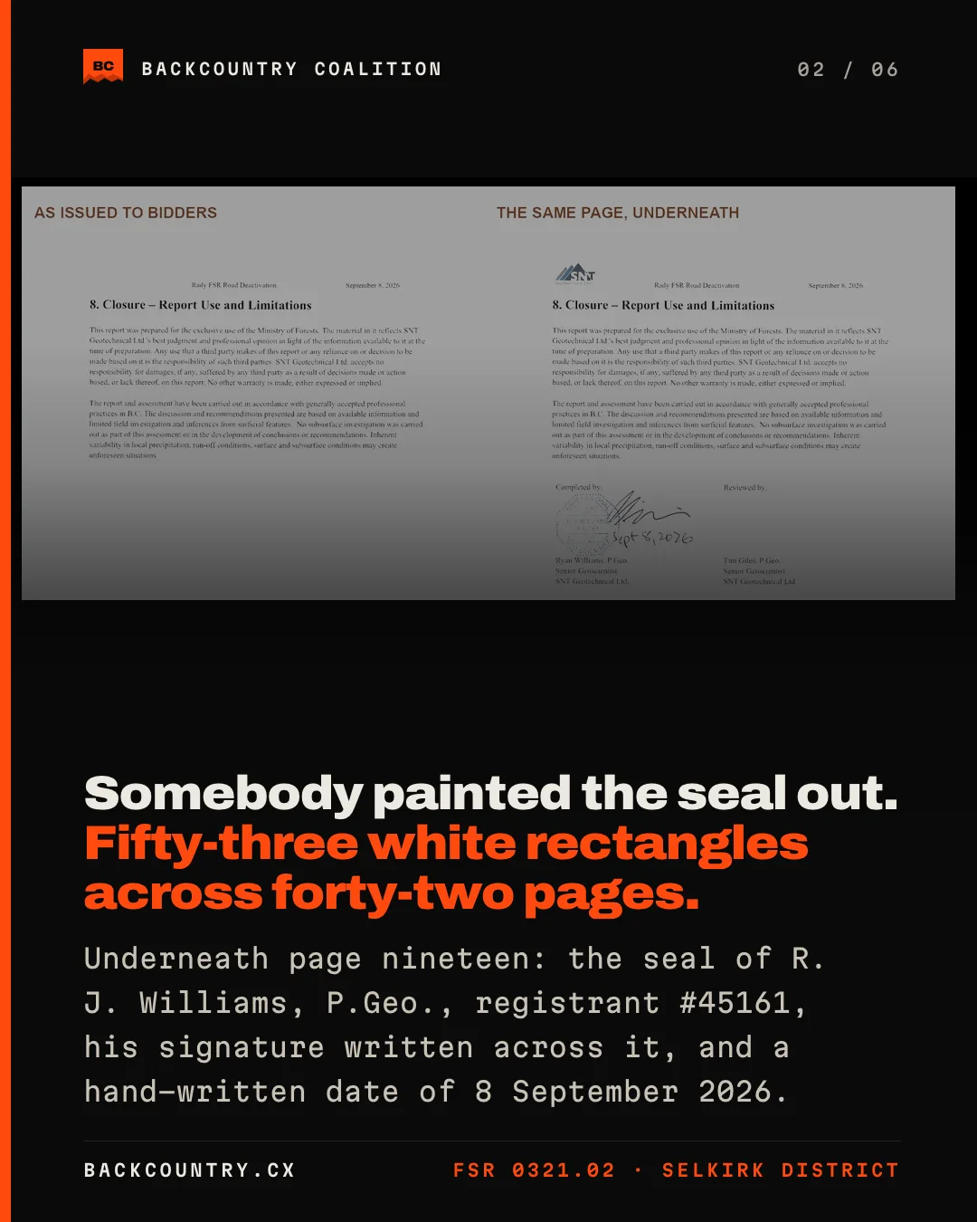 Slide 2 of 6. Page nineteen of the prescription shown twice, blank as it was issued to bidders and with the seal recovered underneath: somebody painted the seal out, fifty-three white rectangles across forty-two pages.
