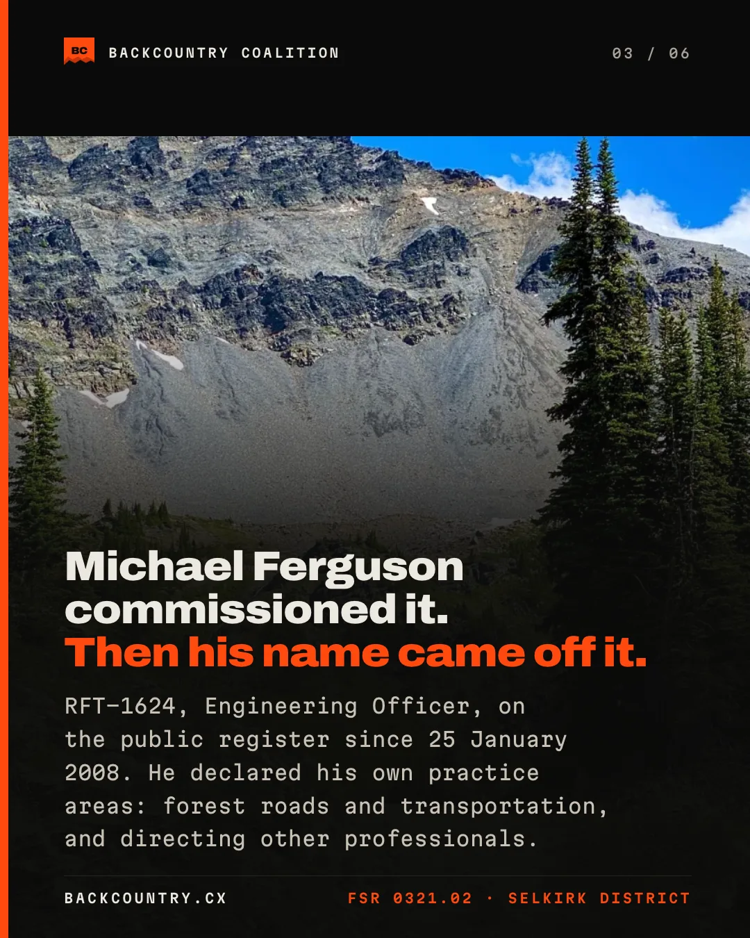 Slide 3 of 6. A gravel landing high in the alpine at the top of the road: Michael Ferguson commissioned the prescription, and then his name came off it.