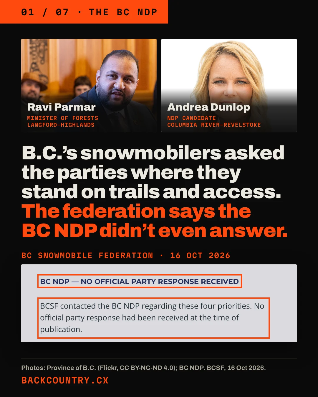 Slide 1 of 7. Portraits of Ravi Parmar, Minister of Forests and BC NDP candidate in Langford-Highlands, and Andrea Dunlop, BC NDP candidate in Columbia River-Revelstoke, where the Rady Creek road lies. Headline: B.C.'s snowmobilers asked the parties where they stand on trails and access. The federation says the BC NDP didn't even answer. Below, a clip of the BC Snowmobile Federation's article of 16 October 2026 with two passages boxed: BC NDP, no official party response received; and BCSF contacted the BC NDP regarding these four priorities. No official party response had been received at the time of publication.