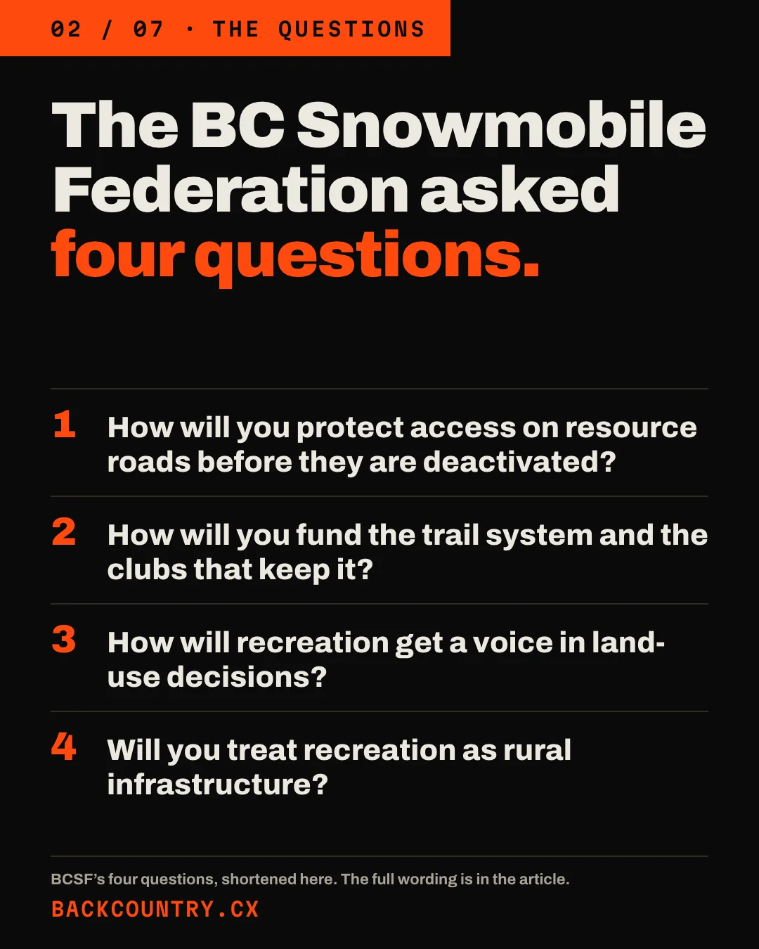Slide 2 of 7. Headline: The BC Snowmobile Federation asked four questions. Shortened: 1, how will you protect access on resource roads before they are deactivated? 2, how will you fund the trail system and the clubs that keep it? 3, how will recreation get a voice in land-use decisions? 4, will you treat recreation as rural infrastructure?