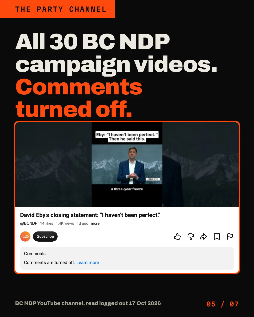 Slide 5 of 7. Headline: All 30 BC NDP campaign videos. Comments turned off. Below, the BC NDP's YouTube page for David Eby's closing statement, reading: Comments are turned off.