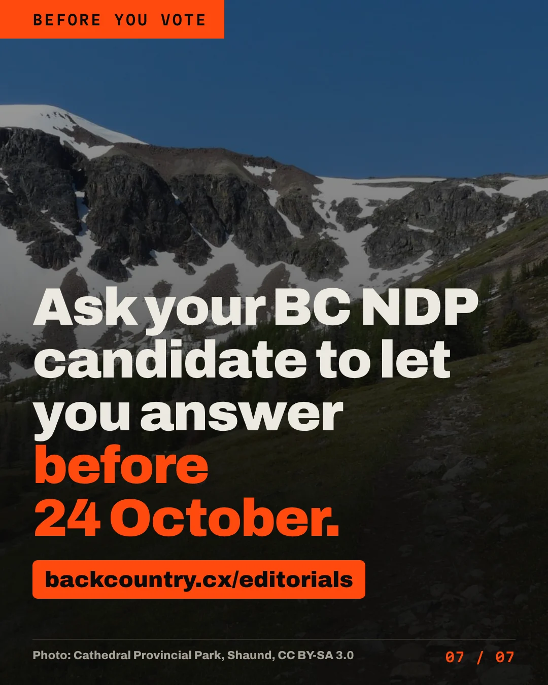 Slide 7 of 7. A mountain meadow in Cathedral Provincial Park. Headline: Ask your BC NDP candidate to let you answer before 24 October. Below: backcountry.cx/editorials.