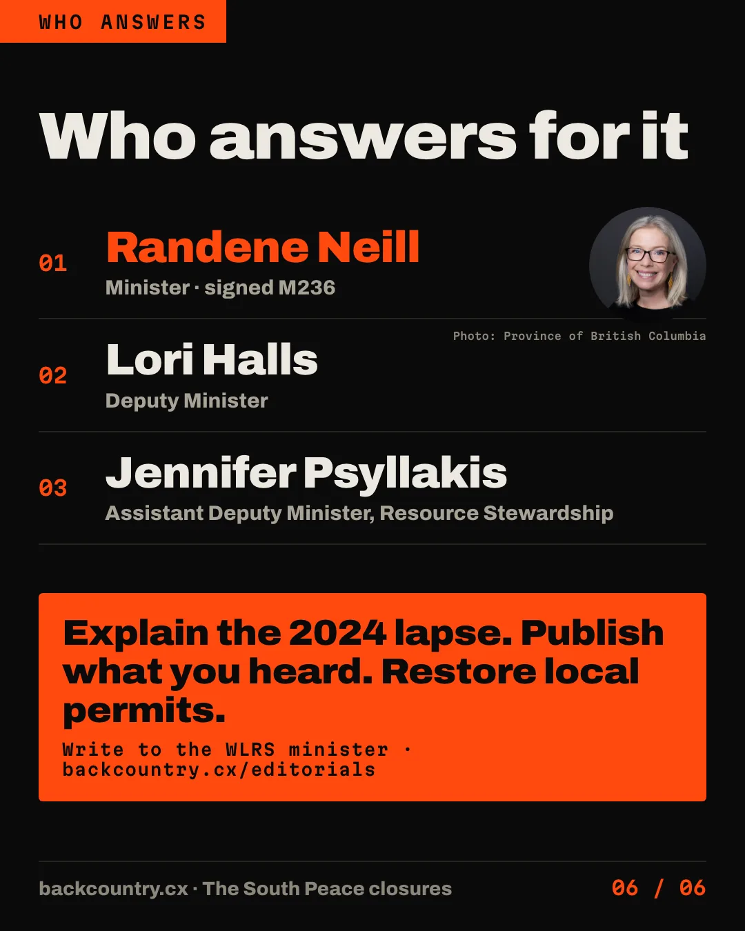 Slide 6 of 6. Who answers for it: 1, Randene Neill, Minister, who signed M236; 2, Lori Halls, Deputy Minister; 3, Jennifer Psyllakis, Assistant Deputy Minister, Resource Stewardship. A small credited portrait of Neill; photo: Province of British Columbia. The ask, in an orange box: Explain the 2024 lapse. Publish what you heard. Restore local permits. Write to the WLRS minister at backcountry.cx/editorials.