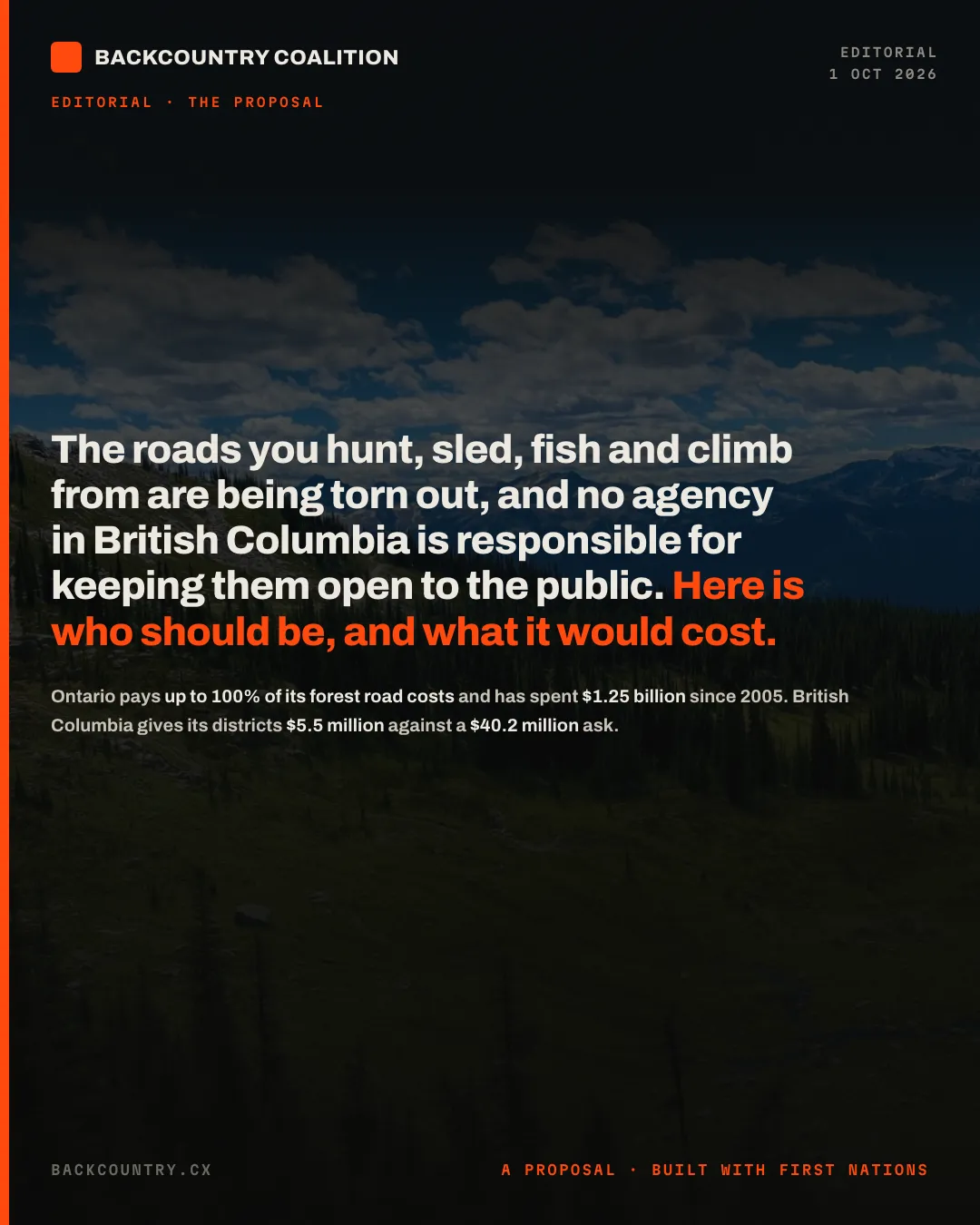 Slide 1 of 7. Cover card over a dark ridgeline under cloud: the roads you hunt, sled, fish and climb from are being torn out, and no agency in British Columbia is responsible for keeping them open to the public — here is who should be, and what it would cost. Beneath it, Ontario pays up to 100% of its forest road costs and has spent $1.25 billion since 2005, while British Columbia gives its districts $5.5 million against a $40.2 million ask.