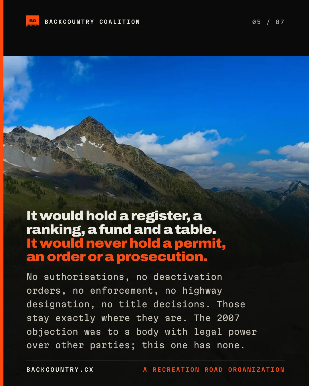 Slide 5 of 7. A sharp peak above green alpine slopes: the organisation would hold a register, a ranking, a fund and a table, and it would never hold a permit, an order or a prosecution. No authorisations, no deactivation orders, no enforcement, no highway designation, no title decisions — those stay exactly where they are. The 2007 objection was to a body with legal power over other parties; this one has none.