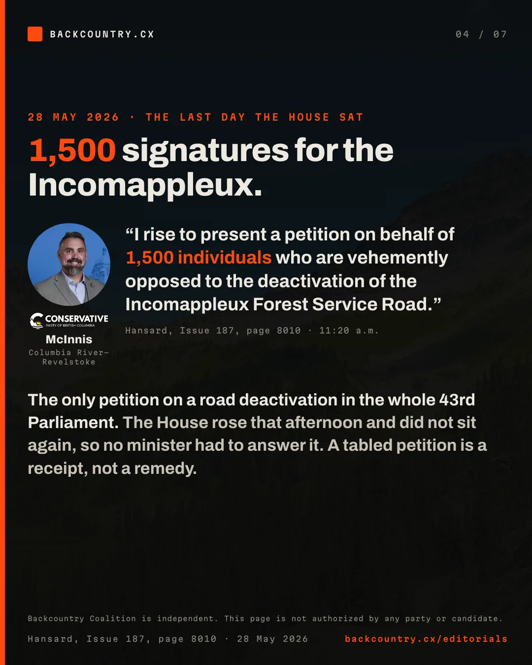 Slide 4 of 7. 28 May 2026, the last day the 43rd Parliament sat. Scott McInnis presents a petition on behalf of 1,500 individuals vehemently opposed to the deactivation of the Incomappleux Forest Service Road. The only petition on a forest service road deactivation in the parliament. Hansard, Issue 187, page 8010.