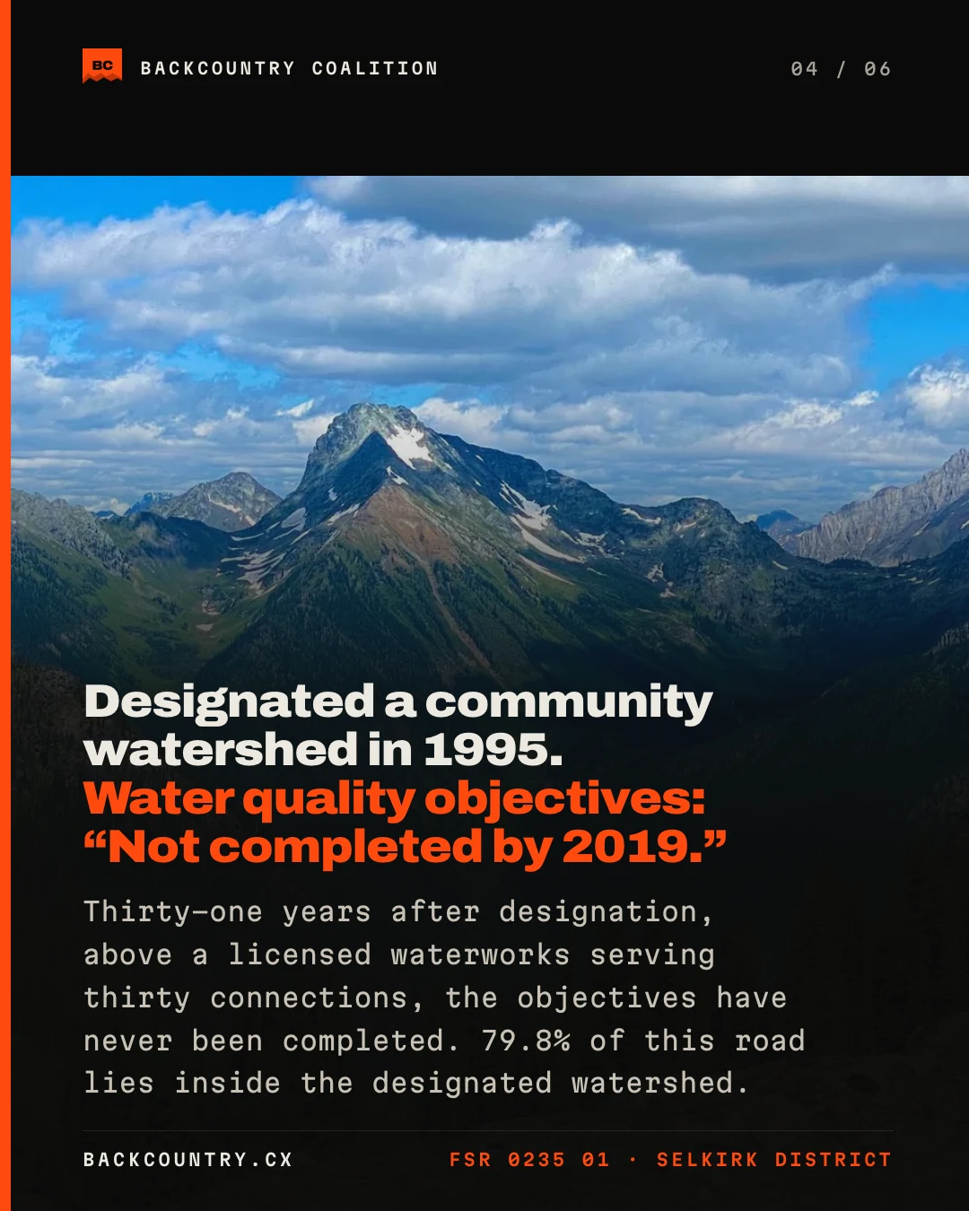 Slide 4 of 6. A peak above the valley: Sitkum Creek was designated a community watershed in 1995, with water quality objectives recorded as not completed by 2019.