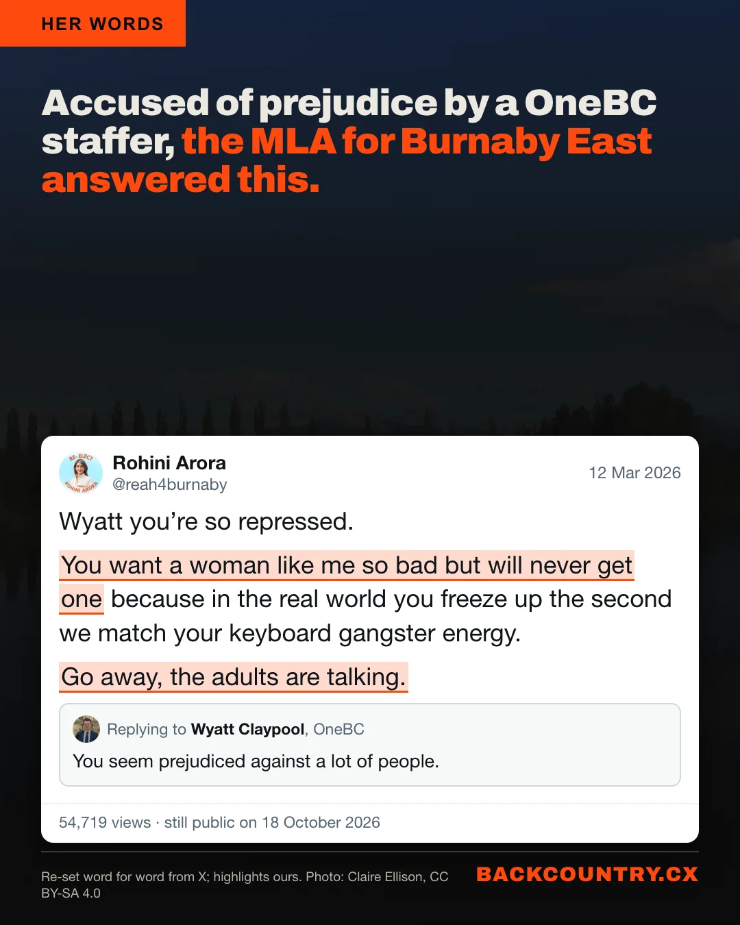Slide 2 of 6. Her post on X of 12 March 2026, re-set word for word, answering Wyatt Claypool of OneBC, who had written: You seem prejudiced against a lot of people. Her reply: Wyatt you're so repressed. You want a woman like me so bad but will never get one because in the real world you freeze up the second we match your keyboard gangster energy. Go away, the adults are talking. Still public on 18 October.