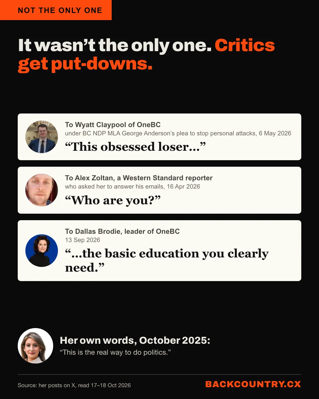Slide 3 of 6. It wasn't the only one. To Wyatt Claypool of OneBC, under BC NDP MLA George Anderson's plea to stop personal attacks: This obsessed loser. To Alex Zoltan, a Western Standard reporter who asked her to answer his emails: Who are you? To Dallas Brodie, leader of OneBC: the basic education you clearly need.