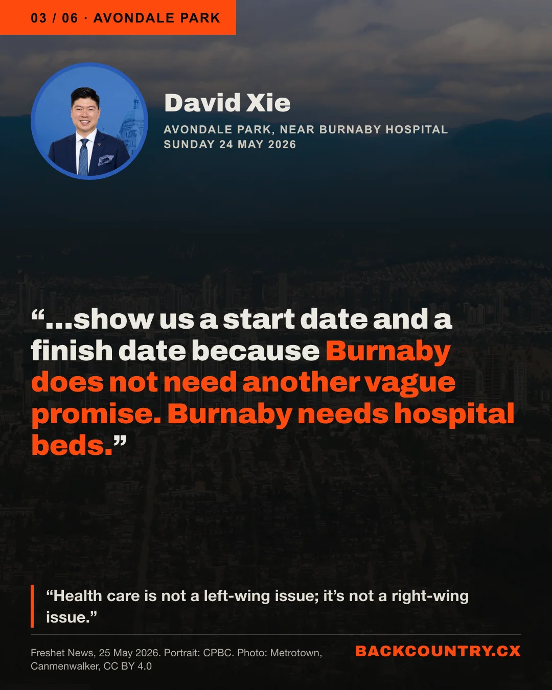 Slide 3 of 6. David Xie at Avondale Park, 24 May 2026: Show us the new plan, and show us a start date and a finish date because Burnaby does not need another vague promise. Burnaby needs hospital beds. Health care is not a left-wing issue; it's not a right-wing issue.