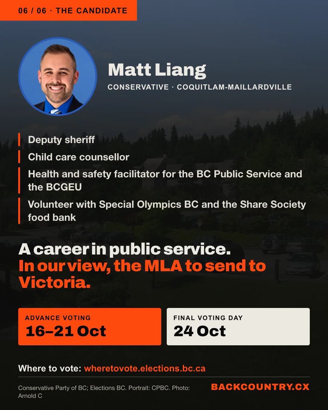 Slide 6 of 6. Portrait of Matt Liang over a photo of Eagle Ridge Hospital: deputy sheriff, child care counsellor, health and safety facilitator for the BC Public Service and the BCGEU; volunteer with Special Olympics BC and the Share Society food bank. In our view, he&rsquo;s the MLA to send to Victoria. Advance voting 16 to 21 October, Final Voting Day 24 October, wheretovote.elections.bc.ca.