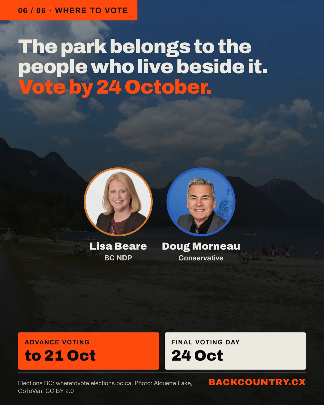 Slide 6 of 6. Over a darkened photo of Alouette Lake: the park belongs to the people who live beside it. Vote by 24 October. Portraits of Lisa Beare, BC NDP, and Doug Morneau, Conservative. Advance voting to 21 October. Final Voting Day 24 October.
