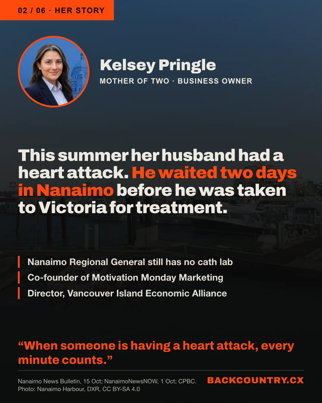 Slide 2 of 6. Over a darkened photo of Nanaimo Harbour, a portrait of Kelsey Pringle, mother of two and business owner. This summer her husband had a heart attack. He waited two days in Nanaimo before he was taken to Victoria for treatment. Nanaimo Regional General still has no cath lab. Co-founder of Motivation Monday Marketing. Director, Vancouver Island Economic Alliance. Her words: When someone is having a heart attack, every minute counts.