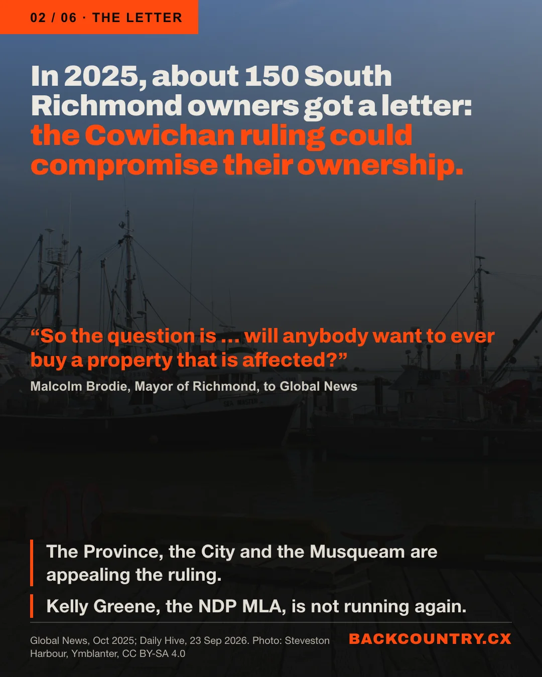 Slide 2 of 6. Over a darkened photo of Steveston Harbour: in 2025, about 150 South Richmond owners got a letter saying the Cowichan ruling could compromise their ownership. Malcolm Brodie, Mayor of Richmond, to Global News: So the question is, will anybody want to ever buy a property that is affected? The Province, the City and the Musqueam are appealing the ruling. Kelly Greene, the NDP MLA, is not running again.