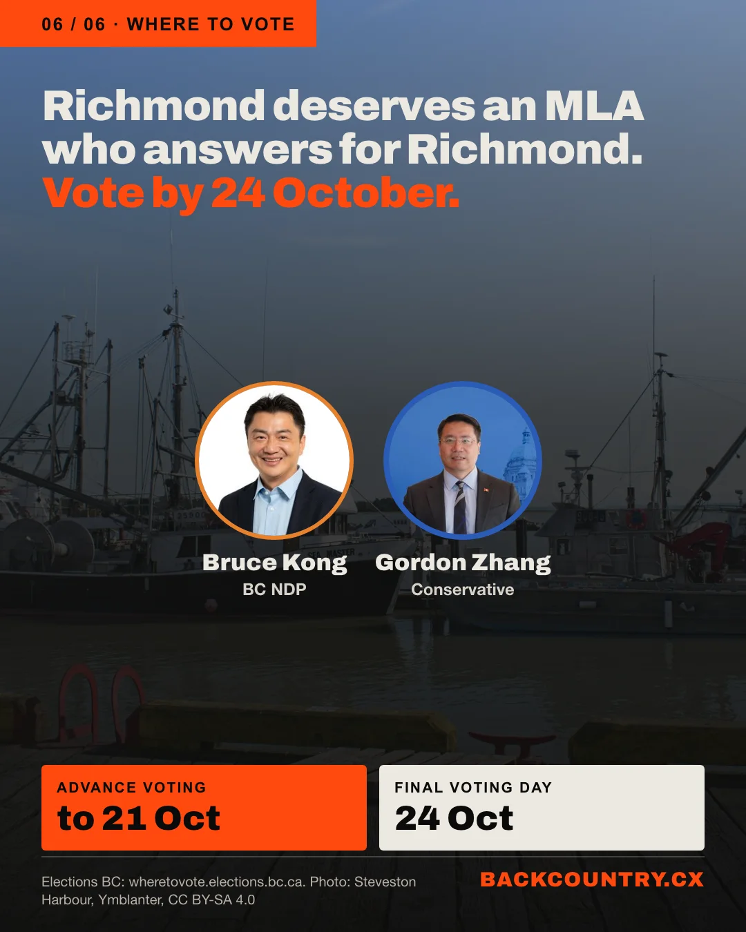 Slide 6 of 6. Over a darkened photo of Steveston Harbour: Richmond deserves an MLA who answers for Richmond. Vote by 24 October. Portraits of Bruce Kong, BC NDP, and Gordon Zhang, Conservative. Advance voting to 21 October. Final Voting Day 24 October.