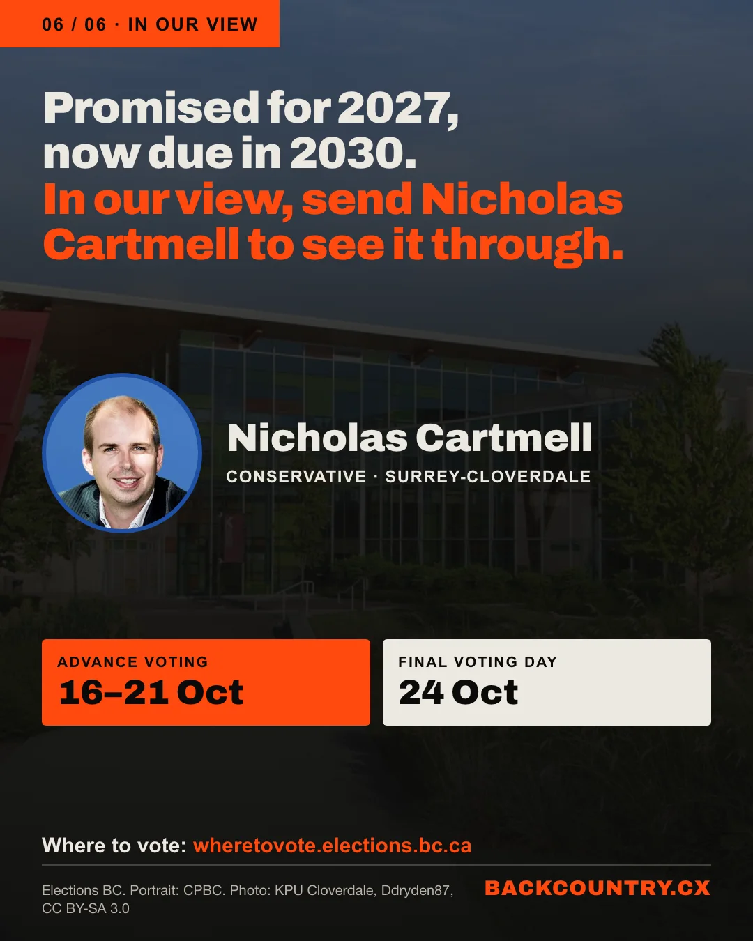 Slide 6 of 6. Over a photo of KPU&rsquo;s Cloverdale campus beside the hospital site: Promised for 2027, now due in 2030. In our view, Nicholas Cartmell is the better choice to see it through. Advance voting 16 to 21 October, Final Voting Day 24 October, wheretovote.elections.bc.ca.