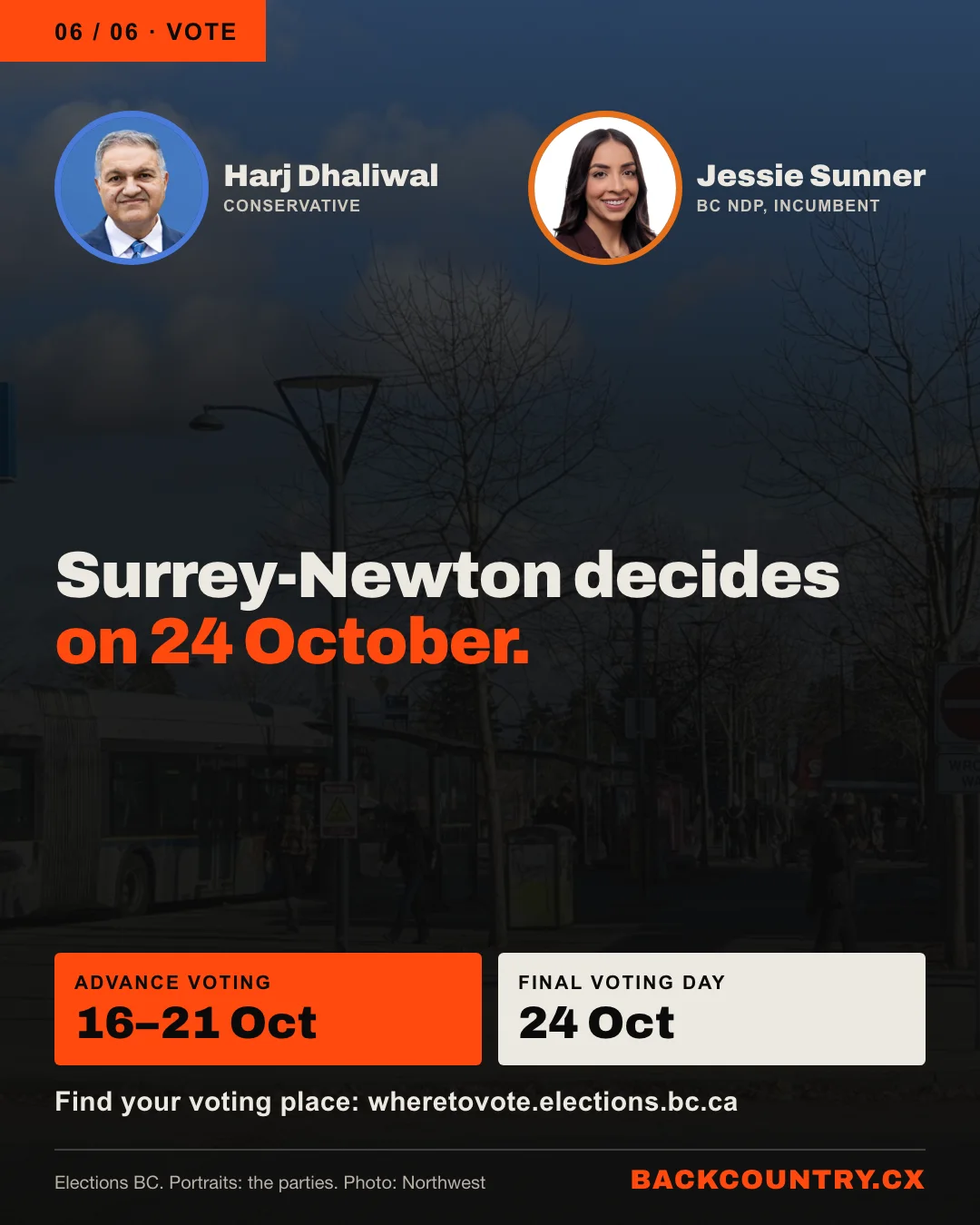 Slide 6 of 6. Both candidates&rsquo; portraits, Harj Dhaliwal, Conservative, and Jessie Sunner, BC NDP. Surrey-Newton decides on 24 October. Advance voting 16 to 21 October. Find your voting place at wheretovote.elections.bc.ca.