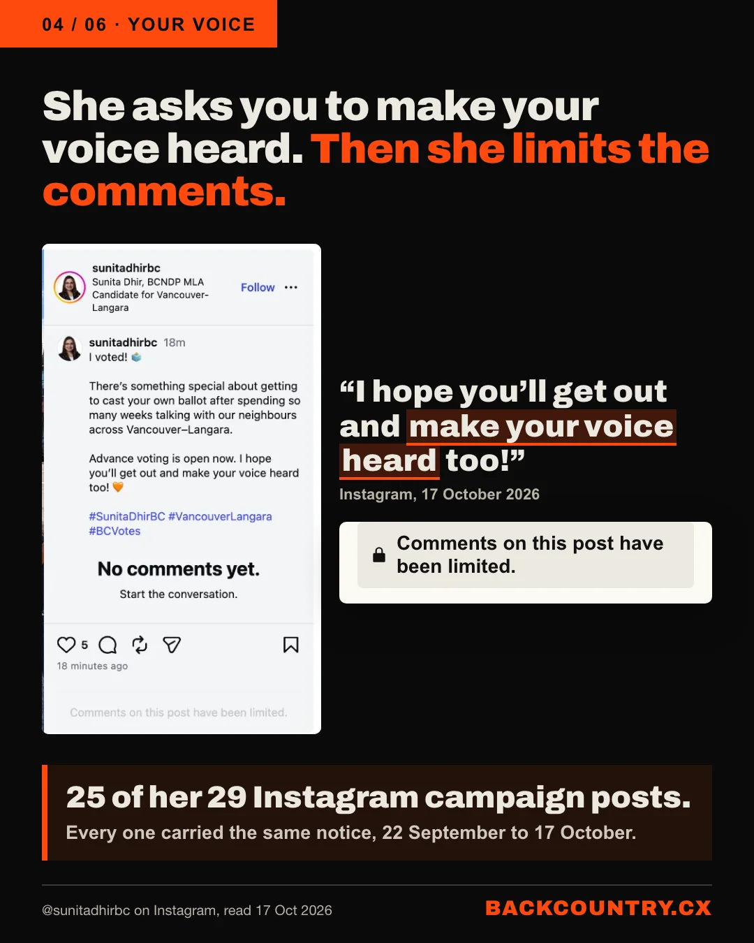 Slide 4 of 6. She asks you to make your voice heard. Her Instagram post of 17 October: I hope you&rsquo;ll get out and make your voice heard too! Under it: Comments on this post have been limited. On Instagram, 25 of her 29 campaign posts carried that notice.
