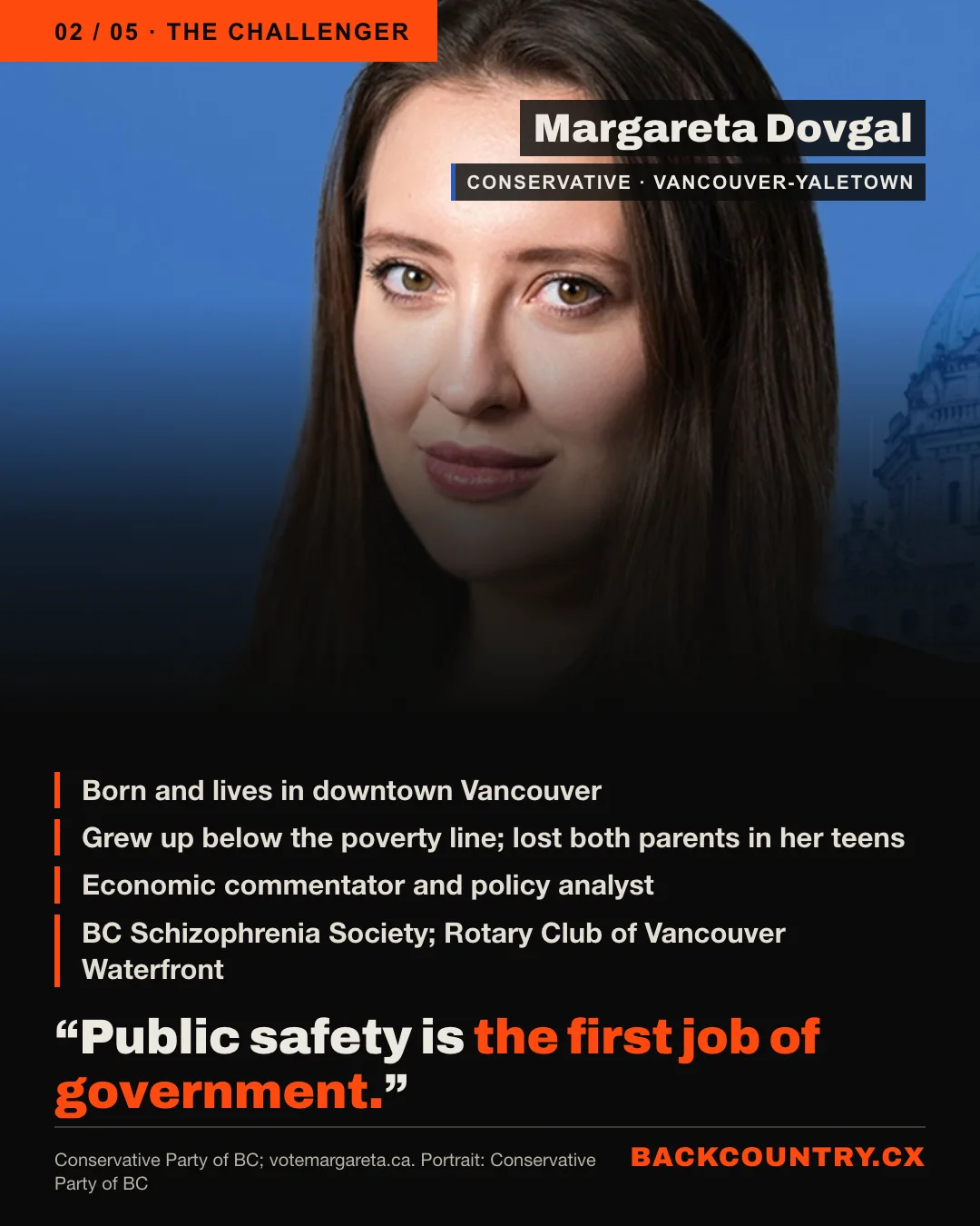 Slide 2 of 5. A large portrait of Margareta Dovgal, Conservative candidate in Vancouver-Yaletown. Born and lives in downtown Vancouver. Grew up below the poverty line and lost both parents in her teens. Economic commentator and policy analyst. BC Schizophrenia Society and Rotary Club of Vancouver Waterfront. Her words: Public safety is the first job of government.