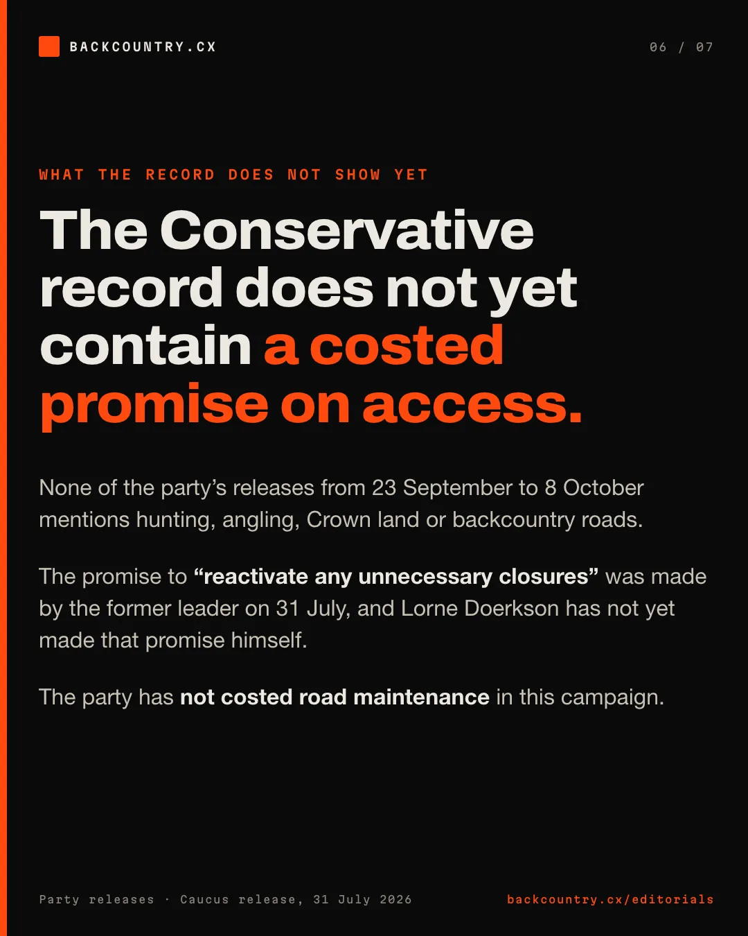 Slide 6 of 7. What the record does not show yet. None of the Conservative releases from 23 September to 8 October mentions hunting, angling, Crown land or backcountry roads, and the promise to reactivate unnecessary closures was made by the former leader and has not yet been made by Lorne Doerkson himself.