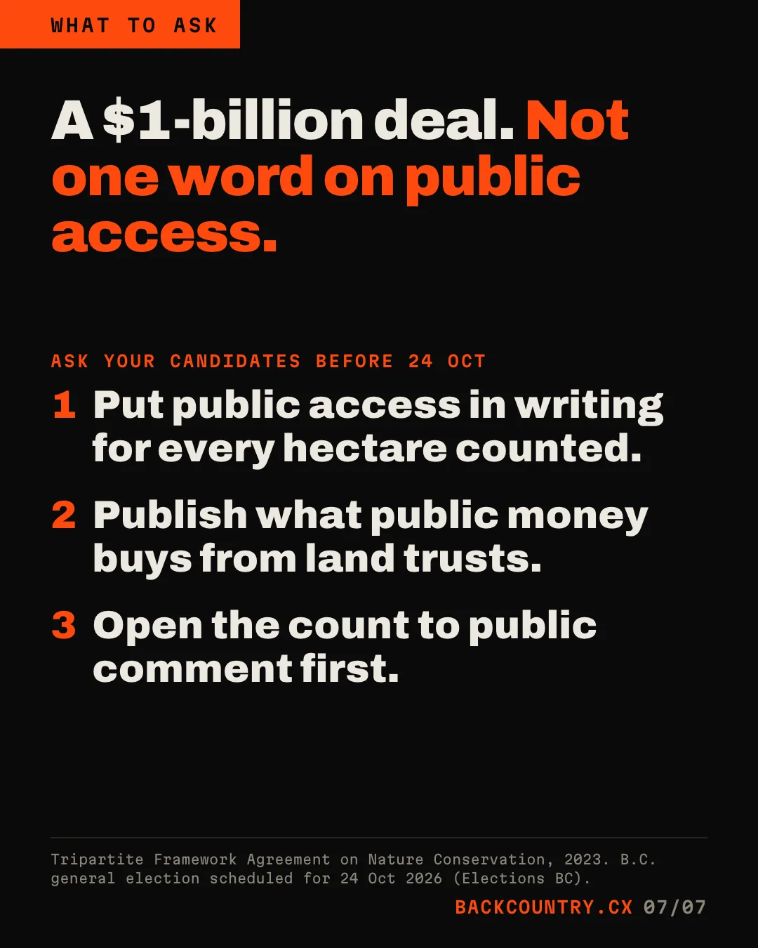 Slide 7 of 7. Headline: A $1-billion deal. Not one word on public access. Ask your candidates before 24 October: put public access in writing for every hectare counted; publish what public money buys from land trusts; open the count to public comment first.