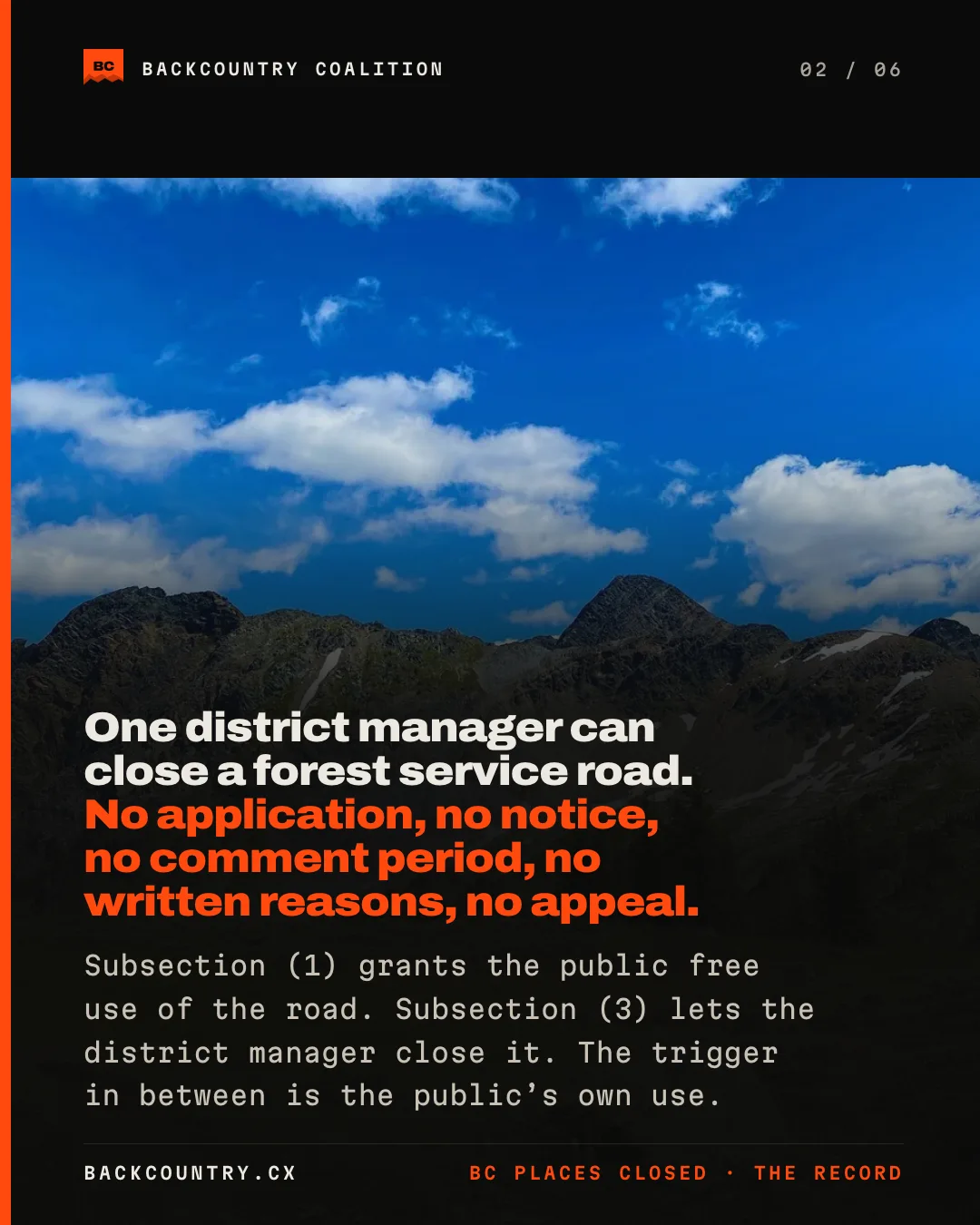 Slide 2 of 6. A two-track road across an alpine meadow: one district manager can close a forest service road under section 22.2, with no notice, no reasons and no appeal.