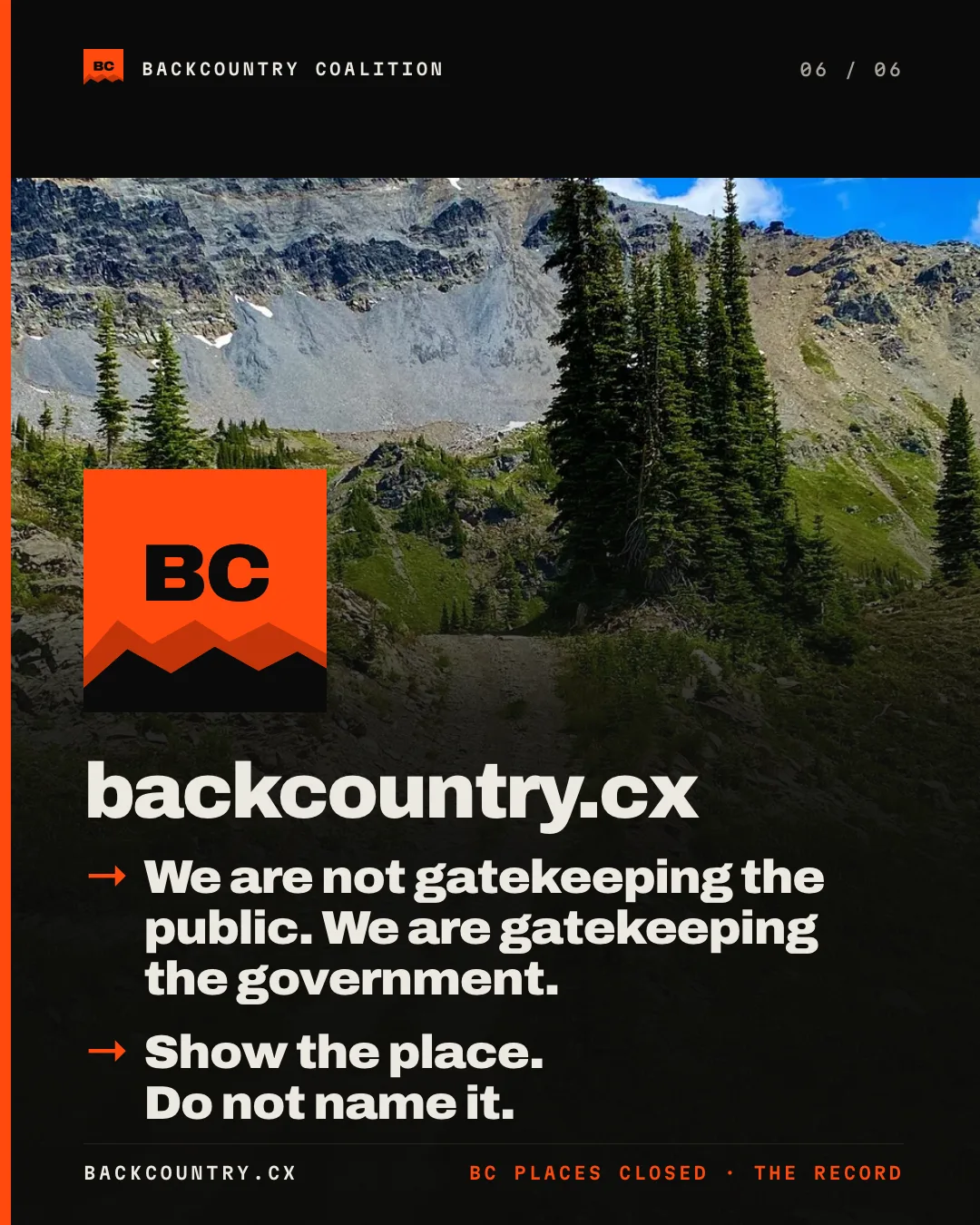 Slide 6 of 6. A two-track across an alpine meadow: we are not gatekeeping the public, we are gatekeeping the government. Show the place. Do not name it.