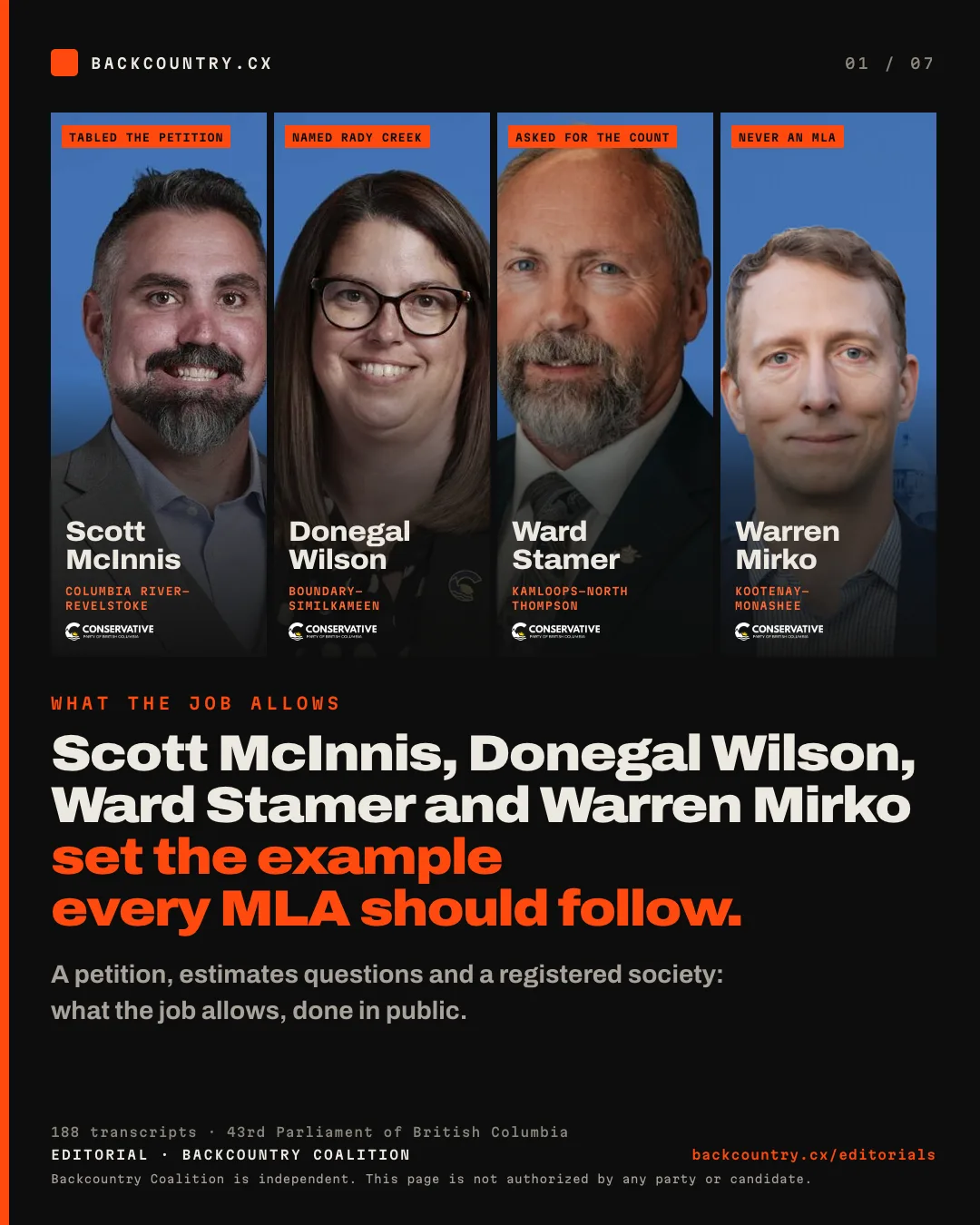 Slide 1 of 7. Cover card with portraits of Scott McInnis, Columbia River-Revelstoke, who tabled the petition; Donegal Wilson, Boundary-Similkameen, who named Rady Creek; Ward Stamer, Kamloops-North Thompson, who asked for the count of roads being deactivated; and Warren Mirko, Kootenay-Monashee, who has never been an MLA, each with the Conservative Party of BC logo. The headline reads: Scott McInnis, Donegal Wilson, Ward Stamer and Warren Mirko set the example every MLA should follow.
