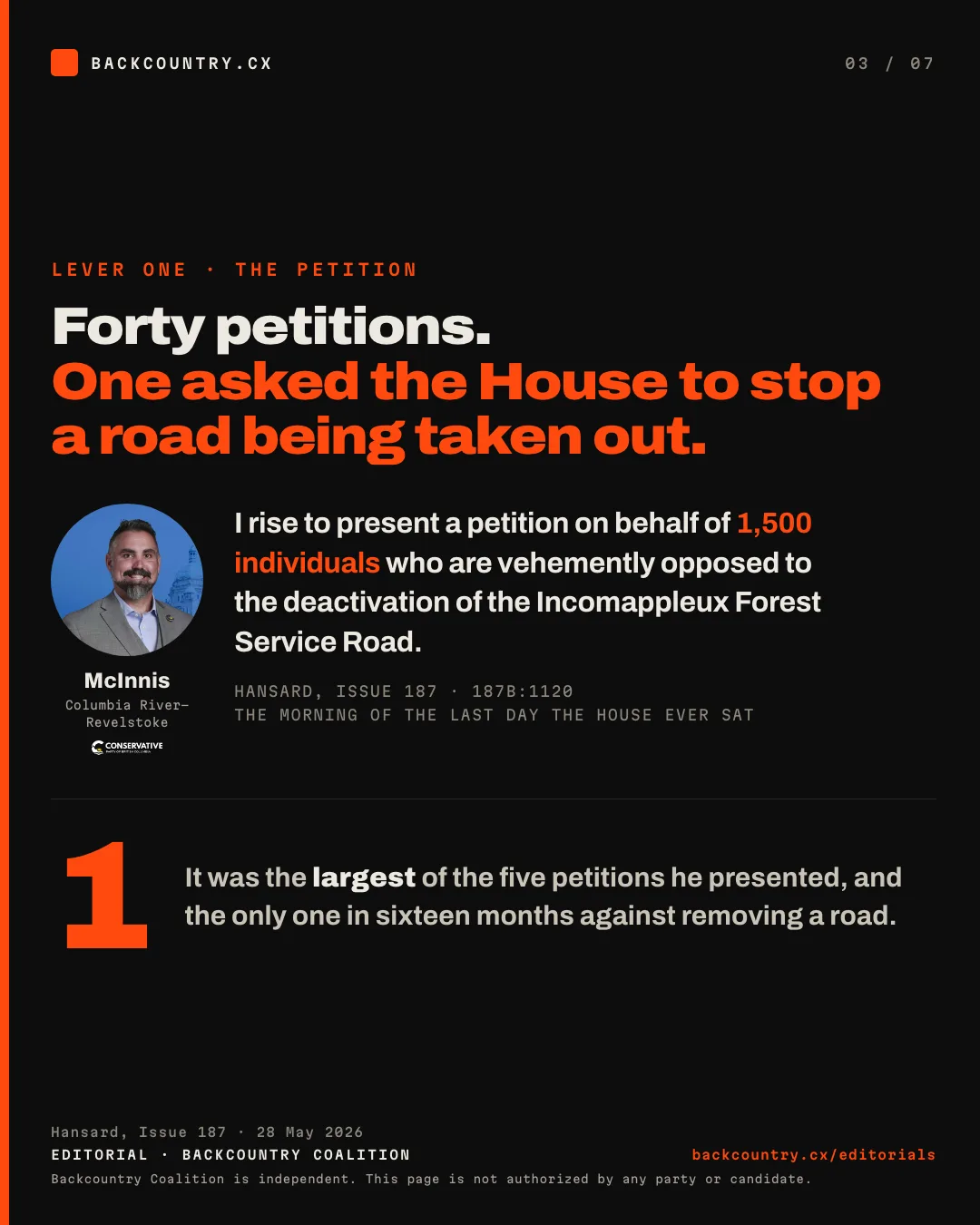 Slide 3 of 7. Scott McInnis. Forty petitions were presented in the 43rd Parliament and one was against a road being taken out: 1,500 signatures on the Incomappleux Forest Service Road, on the morning of the last day the House ever sat.