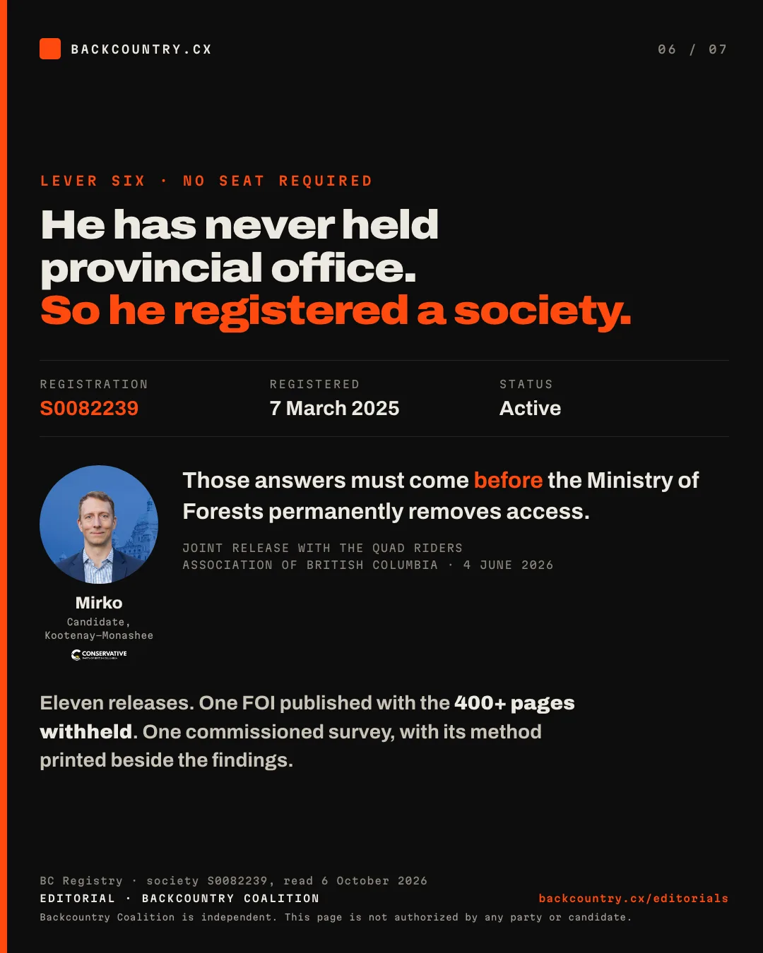Slide 6 of 7. Warren Mirko. He has never been an MLA, so he registered BC society S0082239 in March 2025 and used what a society can do: eleven releases, a joint call for a stop-work order, a published freedom-of-information refusal and a commissioned survey.