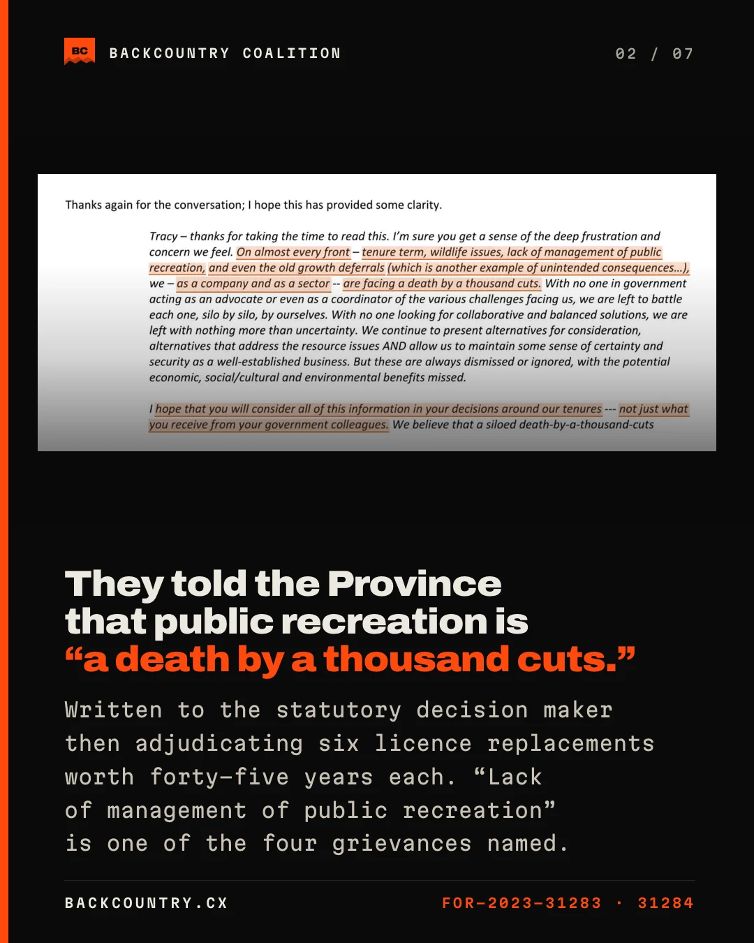 Slide 2 of 7. The CMH letter to the Ministry of Forests describing a death by a thousand cuts, with lack of management of public recreation among the four grievances.