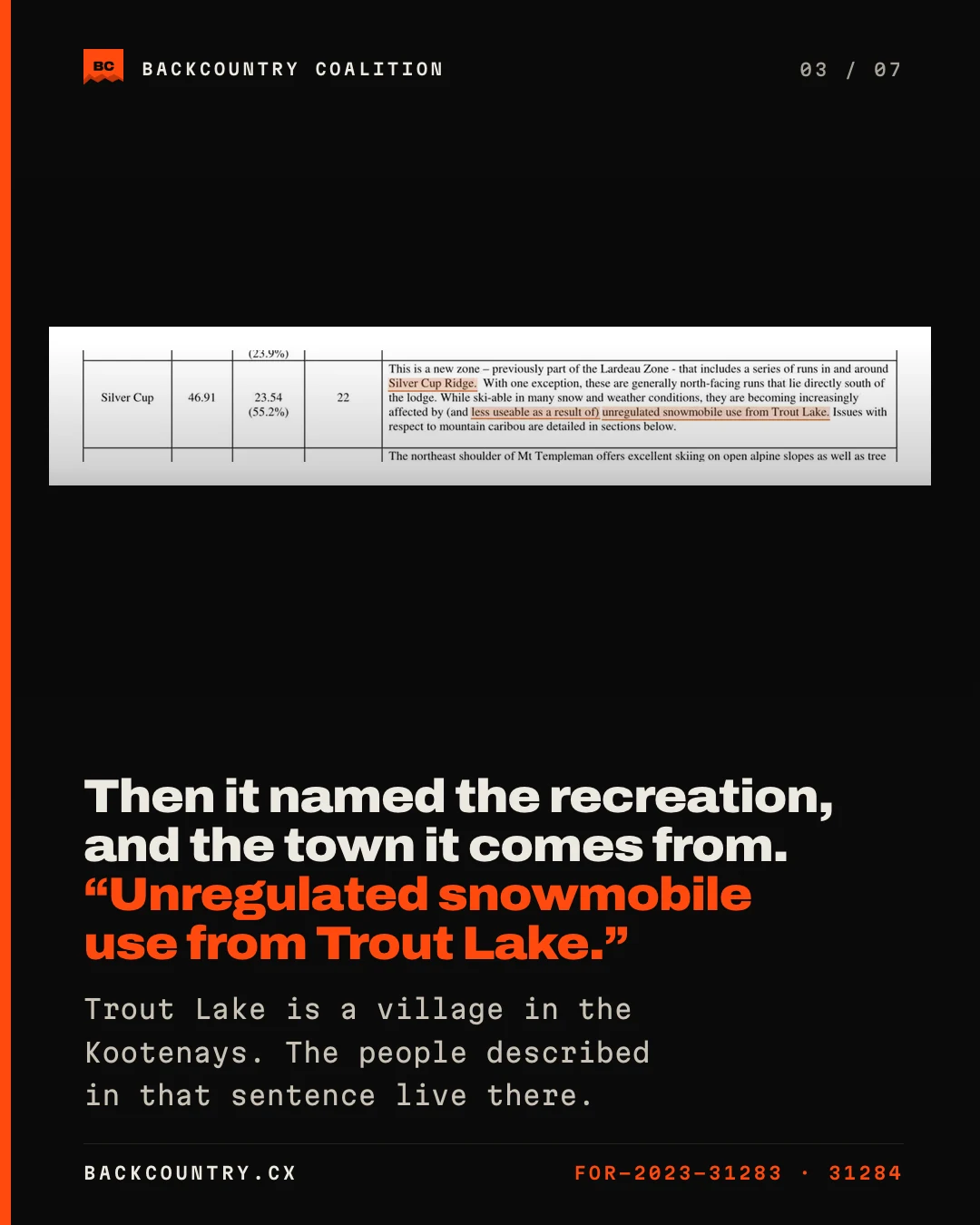 Slide 3 of 7. The Silver Cup zone table from the CMH Galena plan, naming unregulated snowmobile use from Trout Lake.