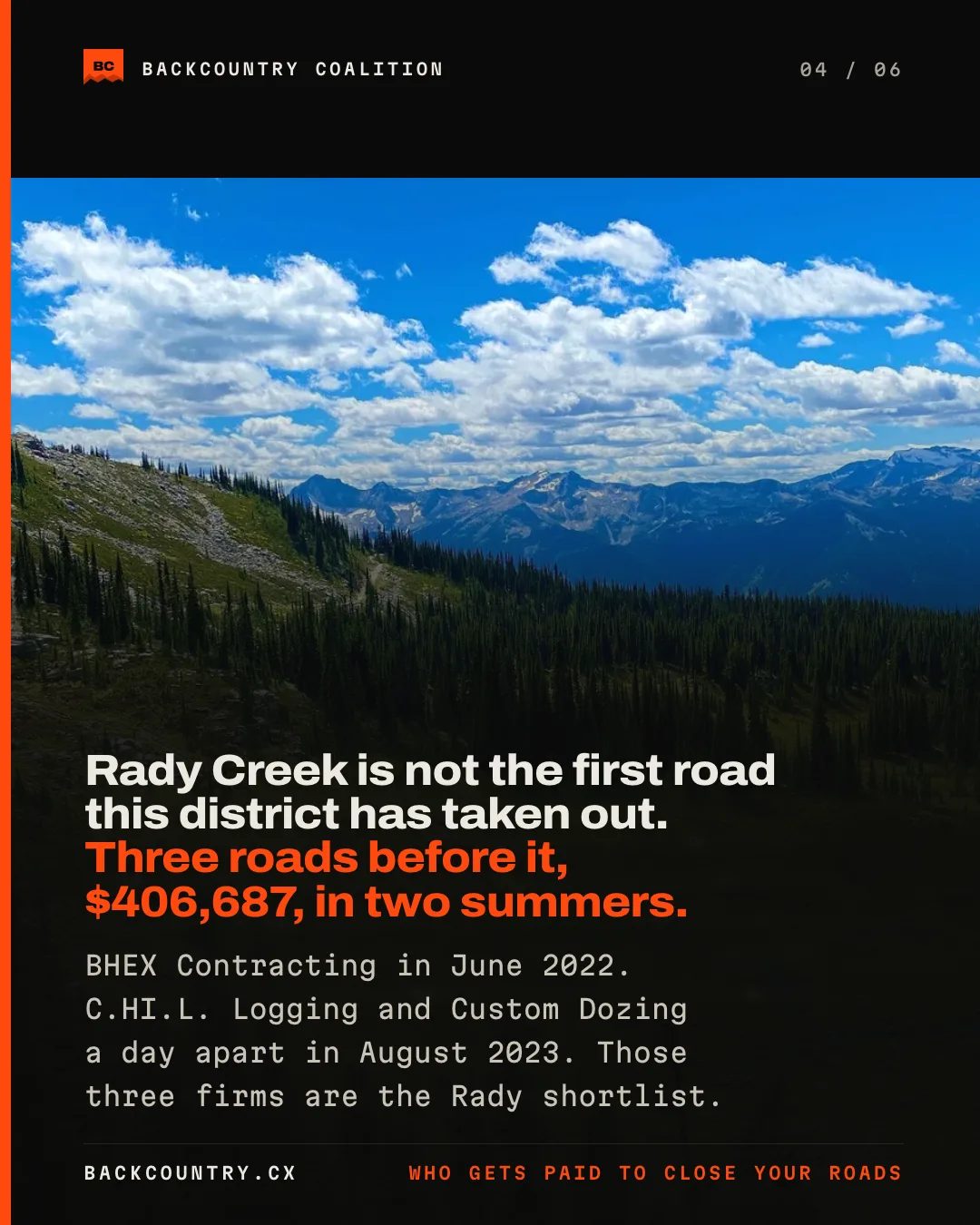 Slide 4 of 6. A road traversing an alpine bench, the Selkirks beyond. Rady Creek is not the first road this district has taken out. Three roads before it, $406,687, in two summers. BHEX Contracting in June 2022. C.HI.L. Logging and Custom Dozing a day apart in August 2023. Those three firms are the Rady shortlist.