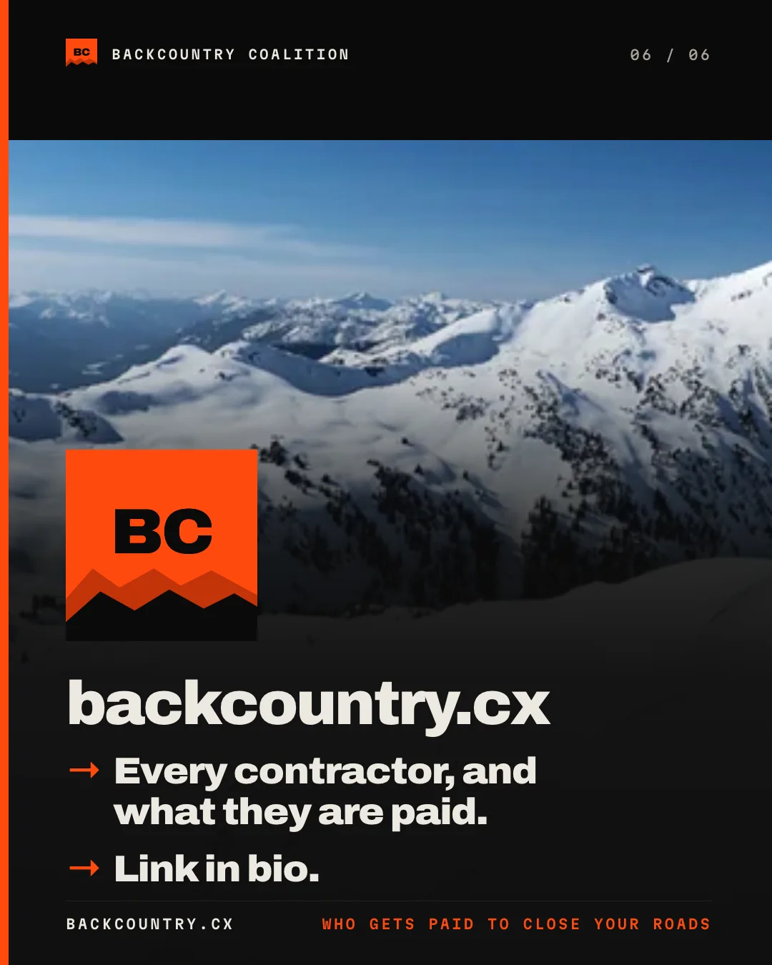 Slide 6 of 6. A panorama of fog filling the valley. Backcountry Coalition end card: read the full editorial at backcountry.cx.