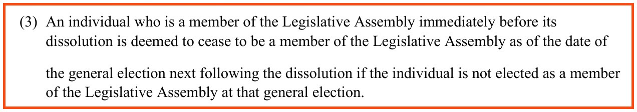 Section 107 (3) of the Public Service Pension Plan Rules, boxed: An individual who is a member of the Legislative Assembly immediately before its dissolution is deemed to cease to be a member of the Legislative Assembly as of the date of the general election next following the dissolution if the individual is not elected as a member of the Legislative Assembly at that general election.