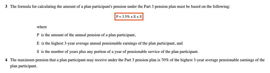 Paragraphs 3 and 4 of the Schedule to the Members' Remuneration and Pensions Act. The formula P = 3.5% x E x S is boxed, where P is the amount of the annual pension, E is the highest 3-year average annual pensionable earnings and S is the number of years plus any portion of a year of pensionable service. Paragraph 4: the maximum pension is 70% of the highest 3-year average pensionable earnings.