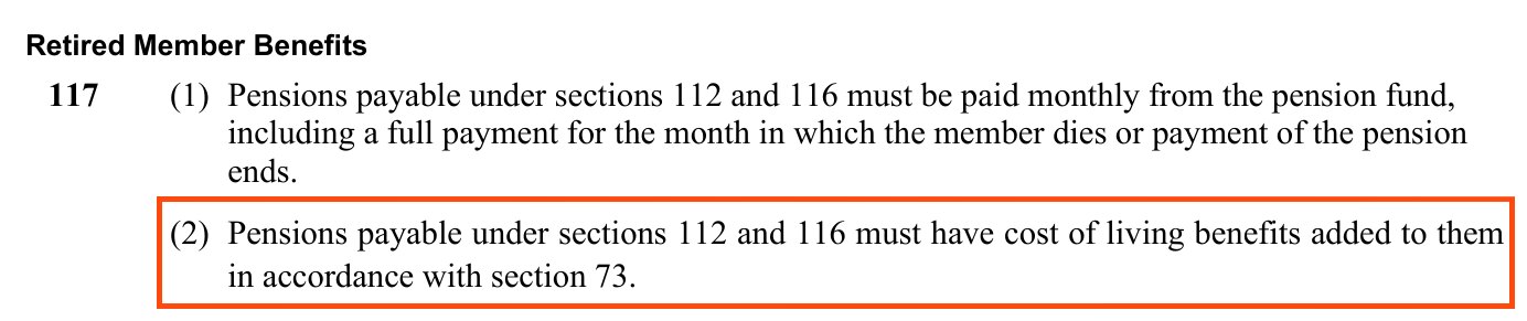 Section 117 of the Public Service Pension Plan Rules, Retired Member Benefits. Subsection (2) is boxed: Pensions payable under sections 112 and 116 must have cost of living benefits added to them in accordance with section 73.