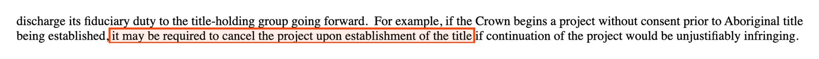 Paragraph 92 of the Tsilhqot'in decision, boxed: it may be required to cancel the project upon establishment of the title.