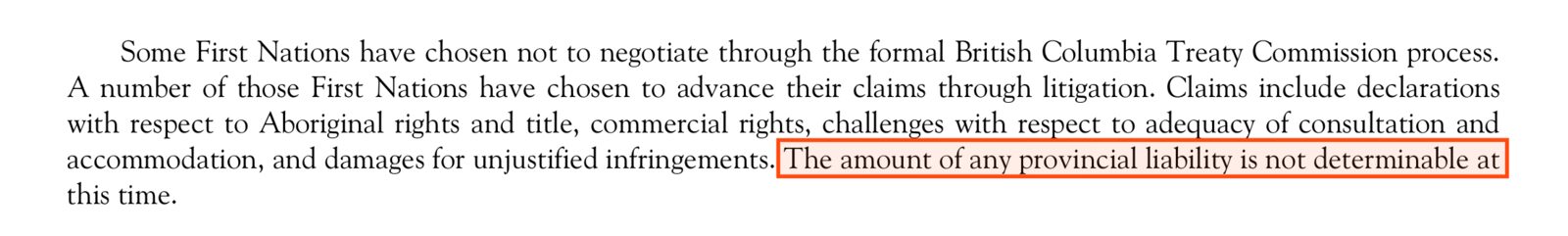 Public Accounts text on First Nations litigation, boxed: The amount of any provincial liability is not determinable at this time.