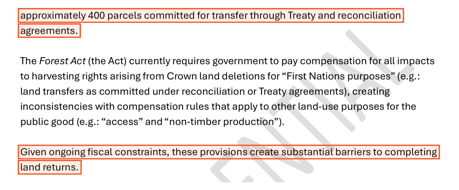 Page 1 of the leaked backgrounder, two passages boxed: approximately 400 parcels committed for transfer through Treaty and reconciliation agreements; and Given ongoing fiscal constraints, these provisions create substantial barriers to completing land returns.