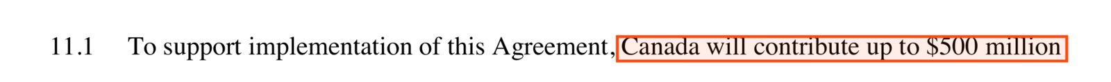 Section 11.1 of the agreement, boxed: Canada will contribute up to $500 million.