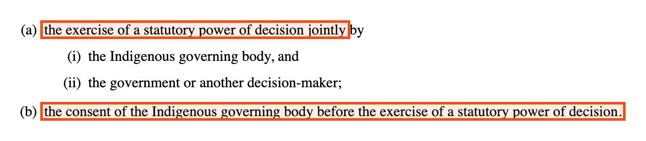 Section 7(1) of DRIPA, boxed: (a) the exercise of a statutory power of decision jointly; (b) the consent of the Indigenous governing body before the exercise of a statutory power of decision.